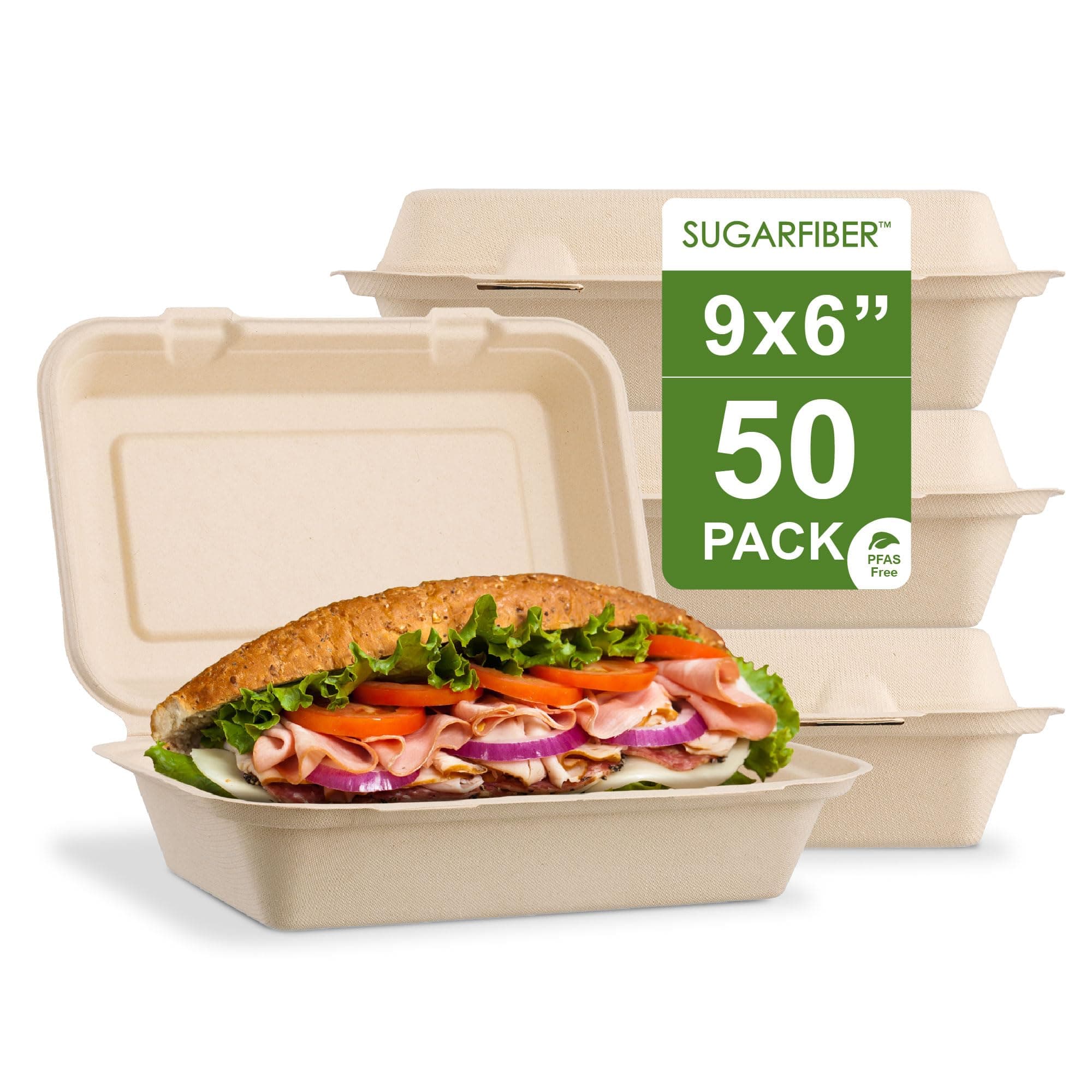 Harvest Pack 9 X 6" Disposable Single Compartment Clamshell - Eco Containers Togo Food Microwavable Hinged Container Boxes - Restaurant Carryout Lunch Meal Takeout Storage Food Service [50 Count]