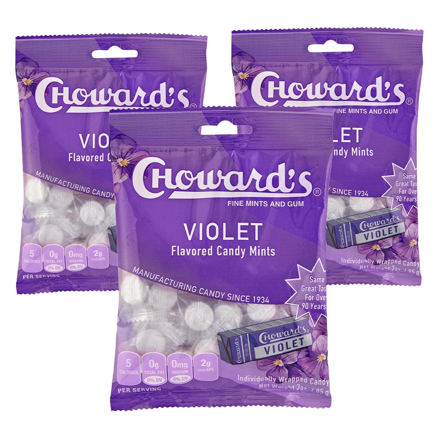 Violet Mints Candy Bag | Bold Aromatic Flavor | Perfect for Snacks in Lunchboxes, Travel, Sharing, and Gifting | Nostalgic Vintage Candy | 3 Pack (49 Individually Wrapped Candy Mints)