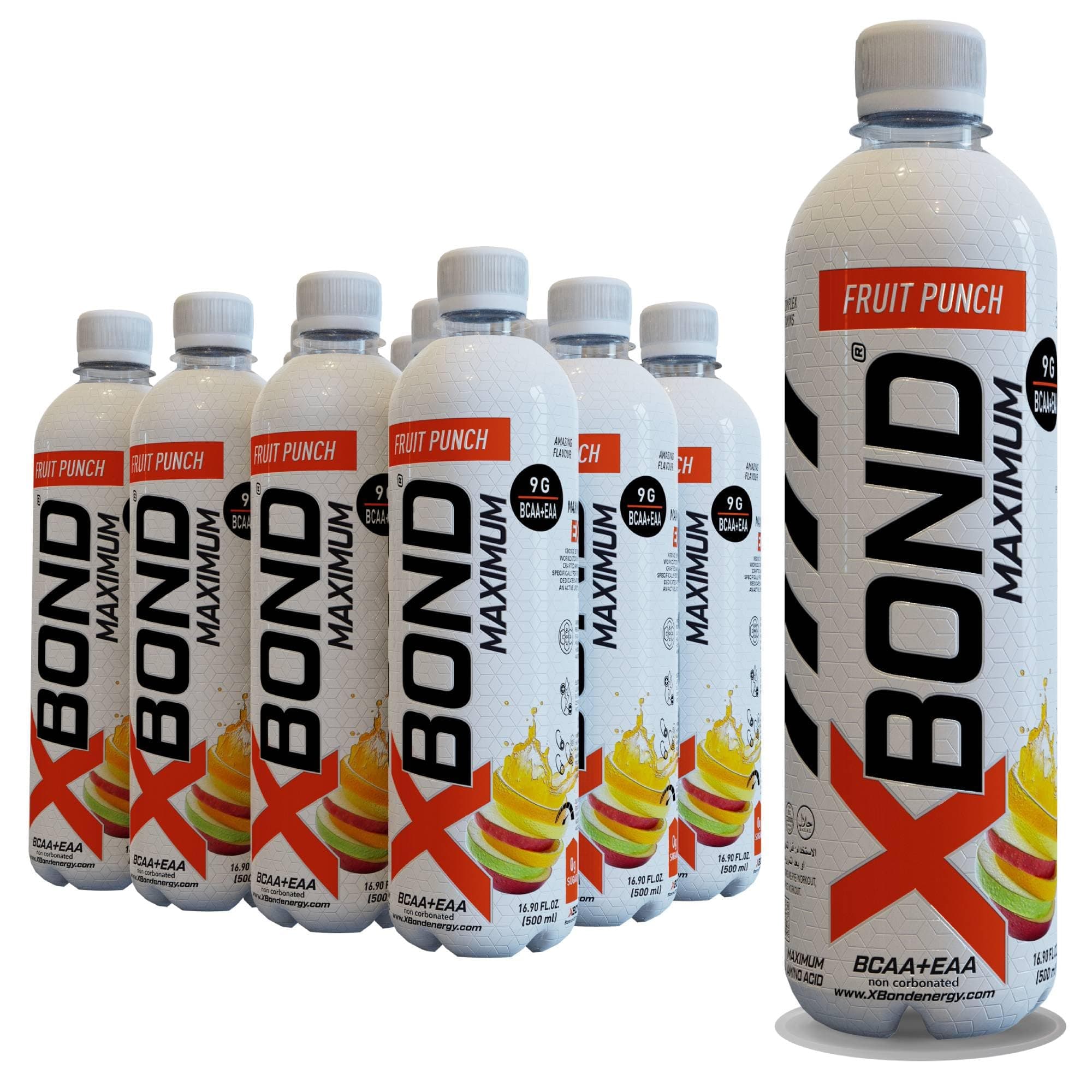 X-BOND Maximum Recovery Fruit Punch Non Carbonated Drink Maximum Amino Drink - 9g BCAA + EAA Electrolytes - 16 fl oz (500 ml), Sugar Free 34 Calories, Pack of 12