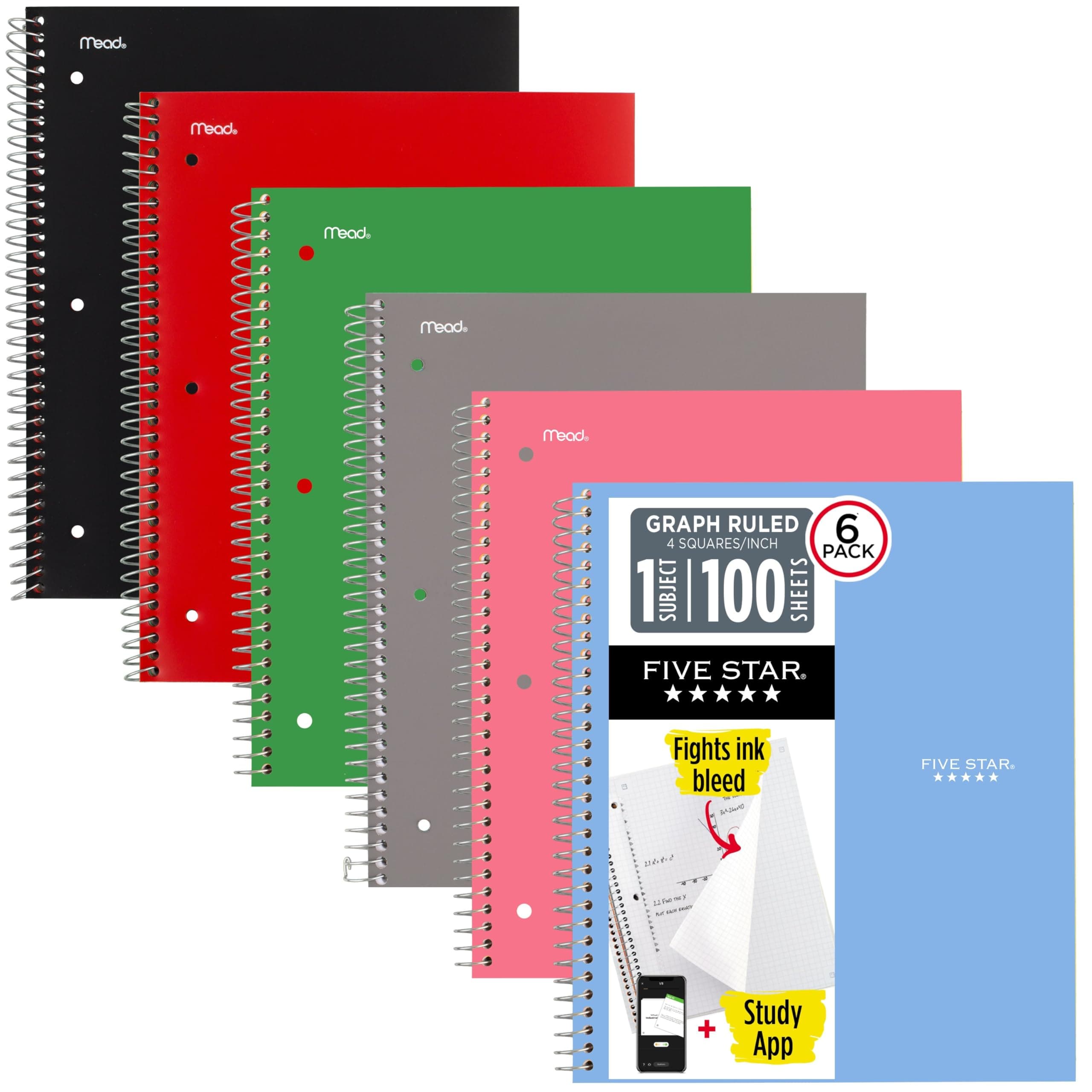 Five Star Spiral Notebooks, 6 Pack, 1-Subject, Graph Ruled Paper, 27.9 cm X 21.6 cm, 100 Sheets, Assorted Colors Will Vary (73549)