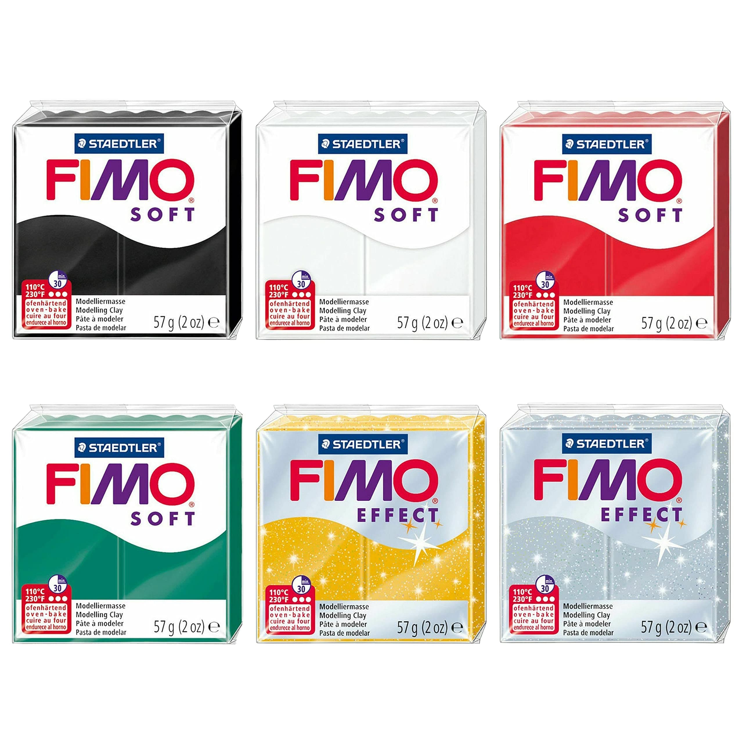 Fimo Soft and Effect Polymer Oven Modelling Clay - 57g - Set of 6 Colours - Christmas Tones