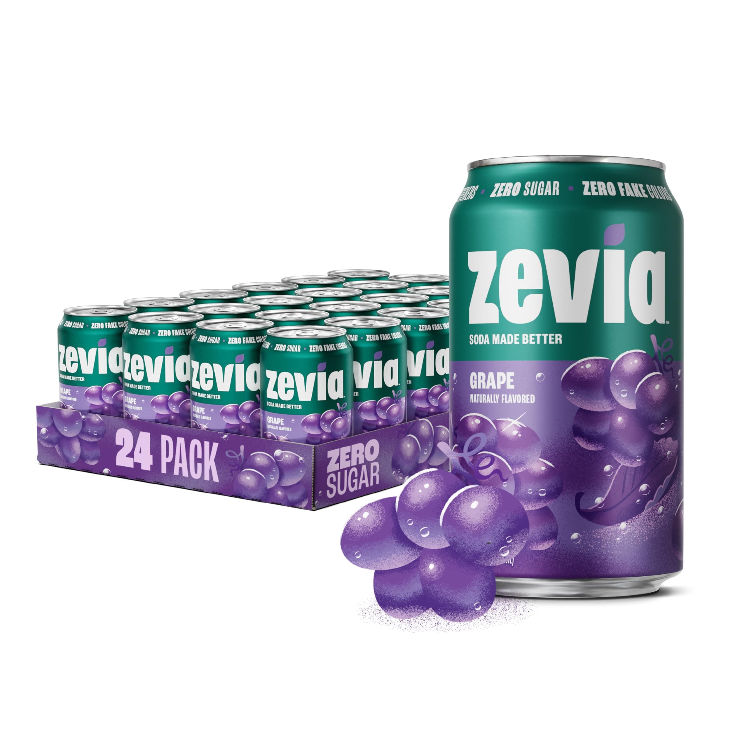 Zevia Zero Sugar Soda, Grape, 12 oz Cans (24-Pack) – Naturally Sweetened, Zero Calorie Sugar Free Soda - Non-GMO Project Verified, Gluten-Free, Vegan