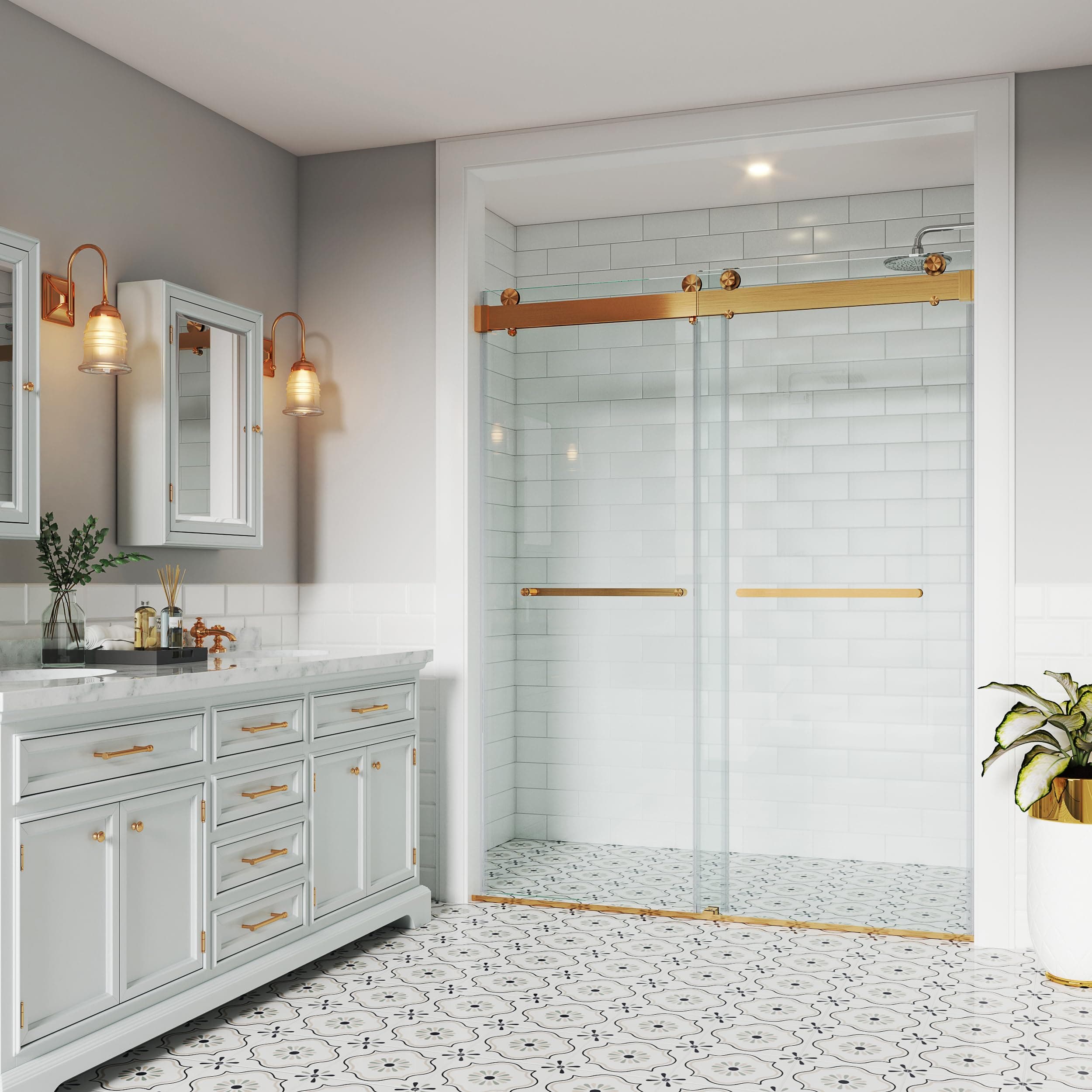 Shower Doors Soft Closing 66-72" W x 79" H Width Adjustable Double Sliding 3/8"(10mm) Clear Tempered SGCC Glass Frameless Stainless Steel Hardware (Brushed Gold)