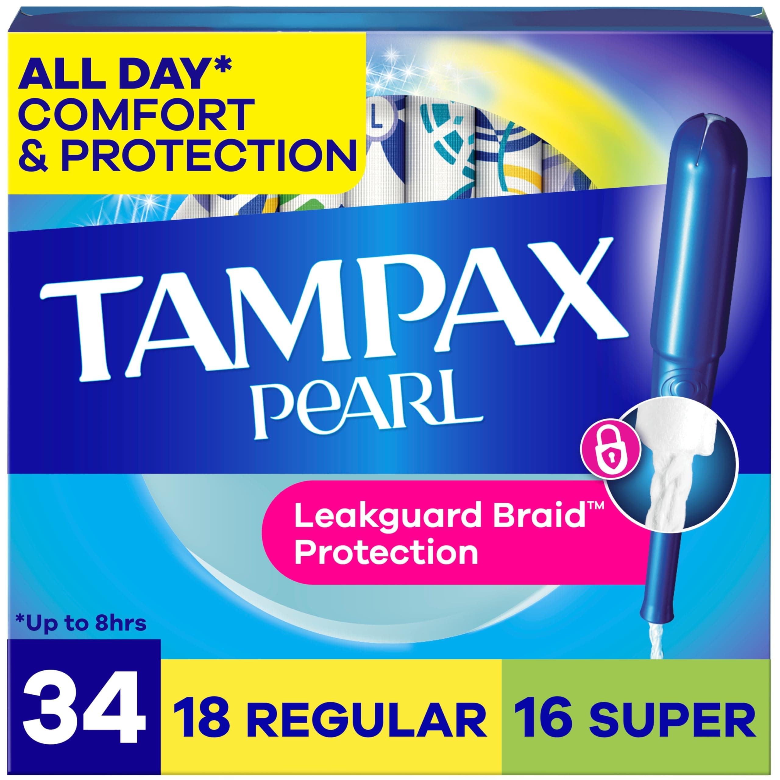 Tampax Pearl Absorbency with Leak Guard Braid Duo Unscented Tampons, Regular/Super, 34 Count