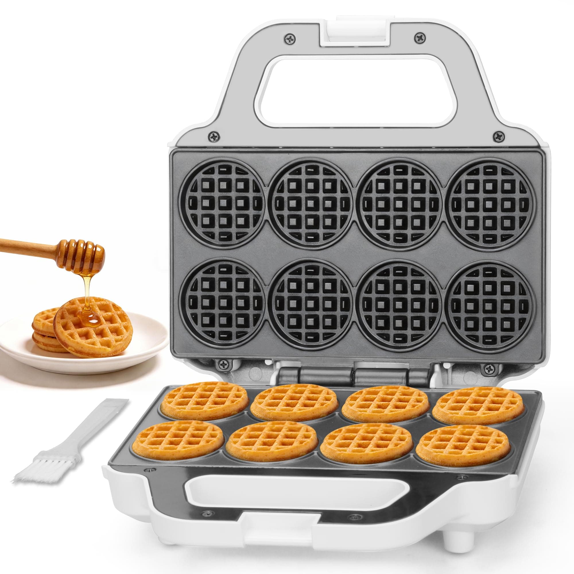 Mini Waffle Maker Machine, Tiny Waffle Bites Iron for Kids, Bake 8 x 2'' Tiny Waffle Bites, Small Waffle Maker, Compact & Easy Use, Non Stick Surface, Recipe Included, White