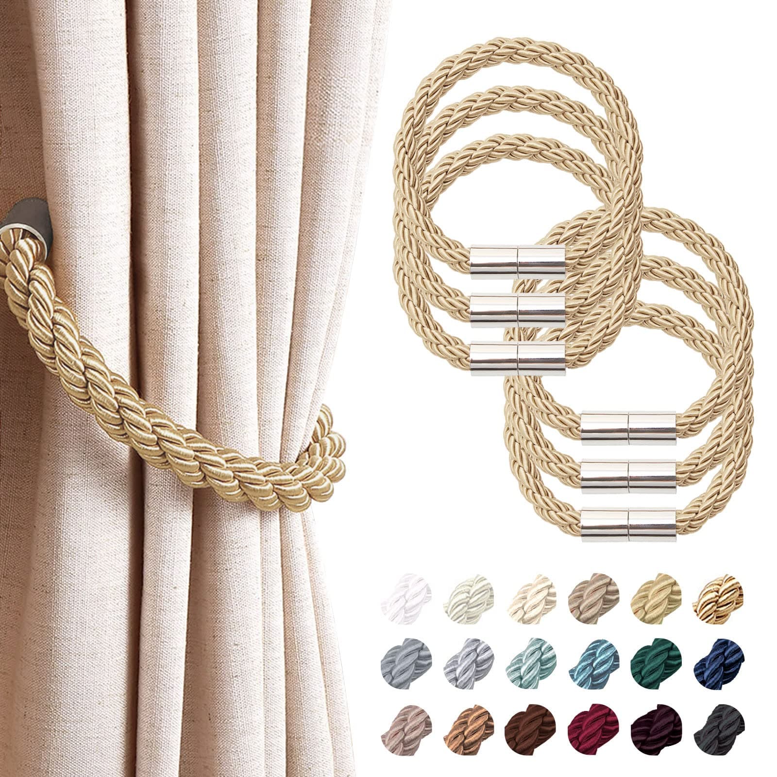 NICEEC 6 Pack Strong Magnetic Curtain Tiebacks Modern Simple Style Drape Tie Backs Convenient Decorative Weave Rope Curtain Holdbacks for Thin or Thick Home & Office Window Draperies (Bronze)