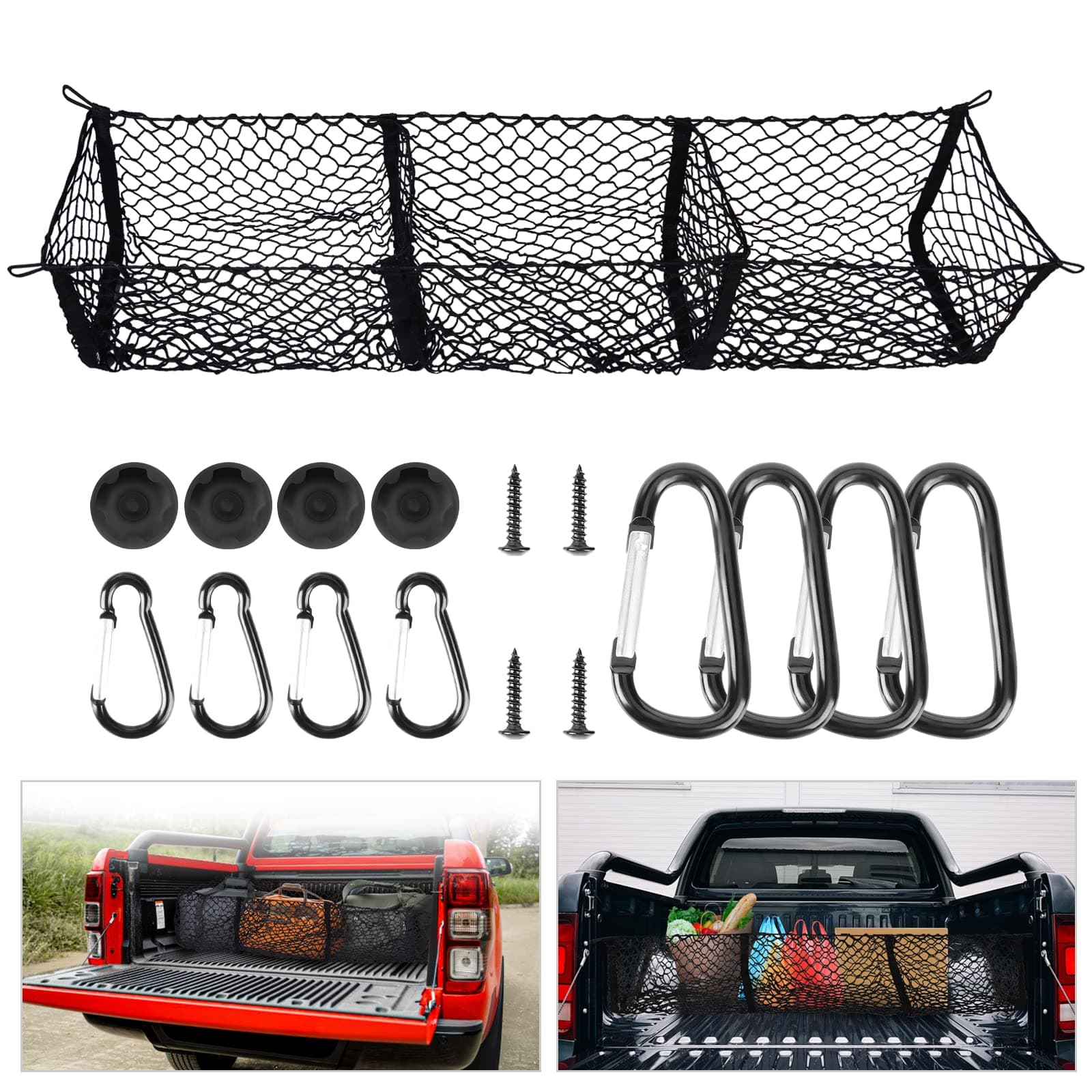 Upgrade Detachable Cargo Net Trunk Bed Organizer for Dodge Ram 1500/2500/ 3500 & GMC Sierra, 59" Mesh Storage Net Heavy Duty Cargo Organizer with 3 Pocket
