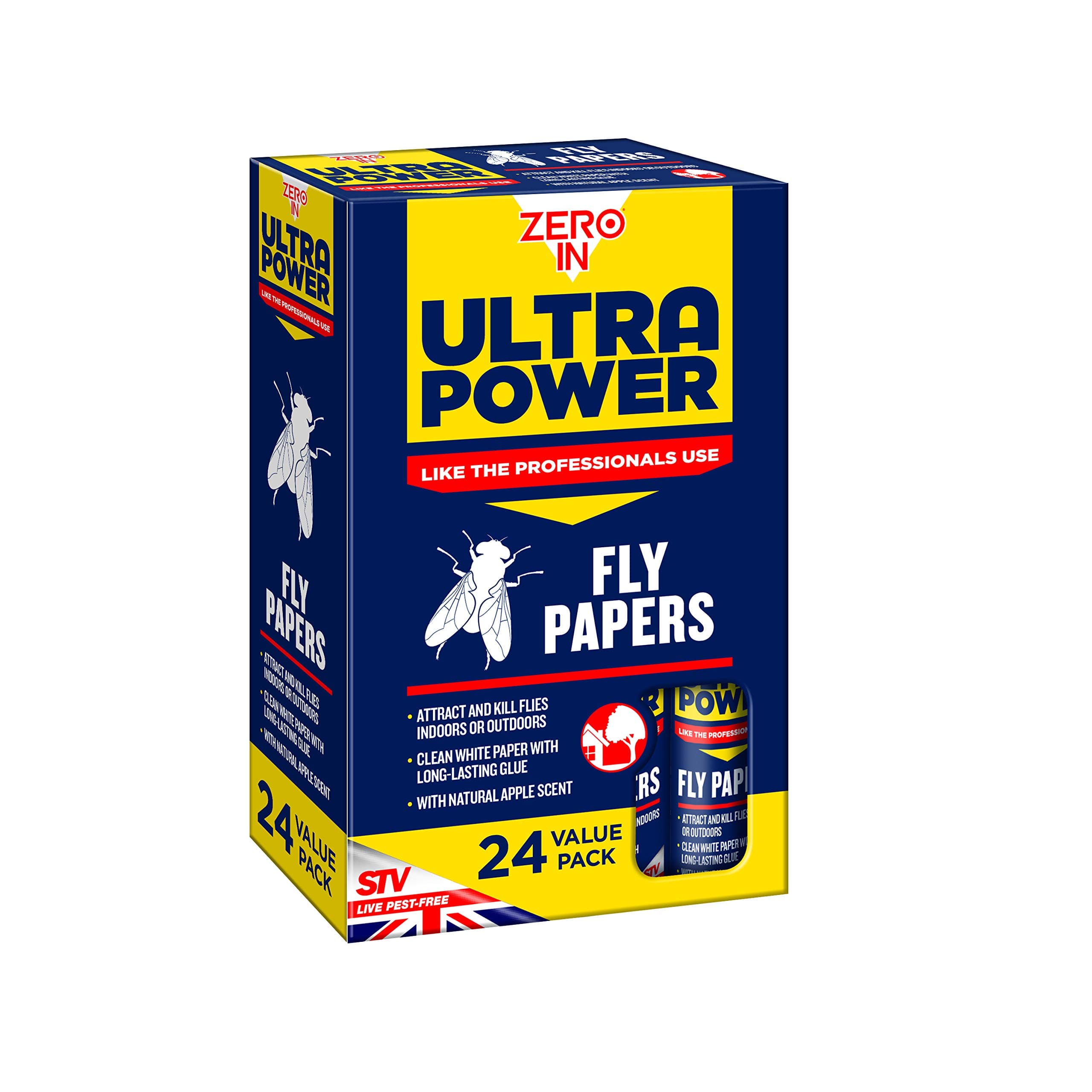 Zero In Ultra Power Fly Papers 24 Value Pack – Poison-Free Sticky Fly Trap Strips with Natural Apple Scent – Catches Over 30% More Flies – Clean White Paper – Indoor & Outdoor Kitchen, Shed & Stable