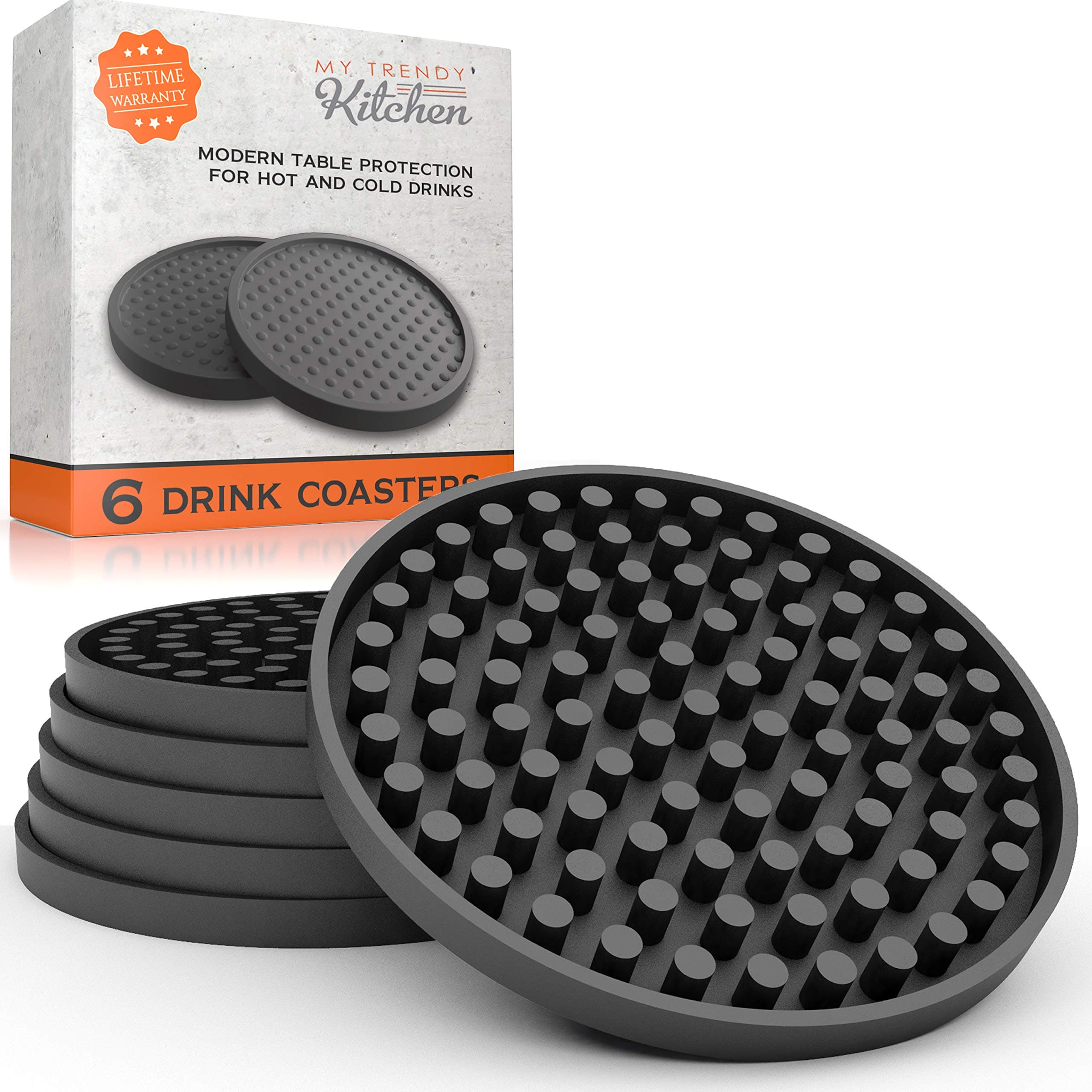 Large Drink Coasters - Absorbs Moisture and Prevents Table Damage, Modern Black Rubber Coaster with Non-Slip Bottom for Drinking Glasses, 6 Pack