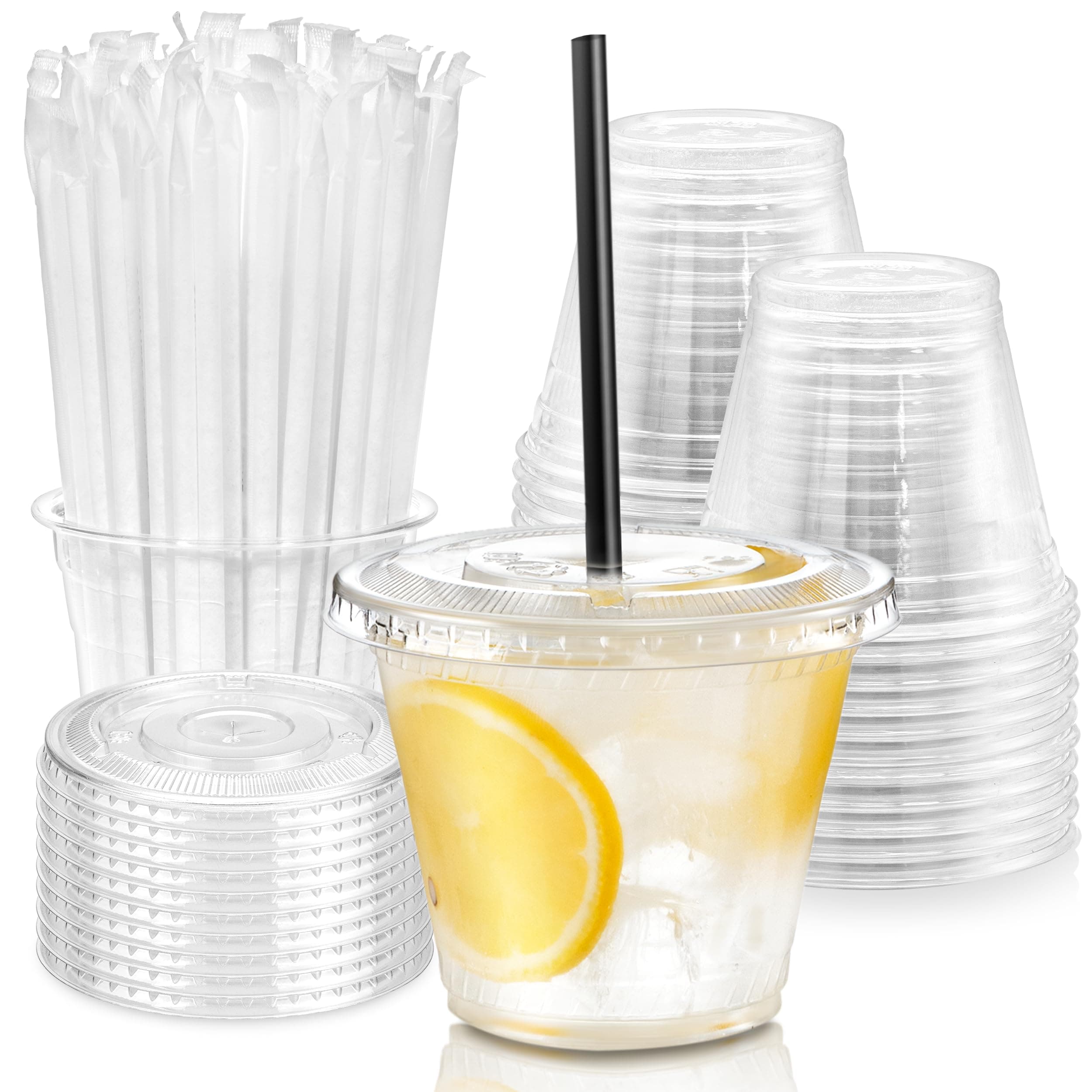 Fit Meal Prep 100 Pack 9 oz Plastic Iced Coffee Cups with Flat Lids and Black Straws, Disposable Clear Cup, BPA Free Cup for Party, Smoothie, Cold Drinks, Juice, Milkshake, Bubble Boba, Tea