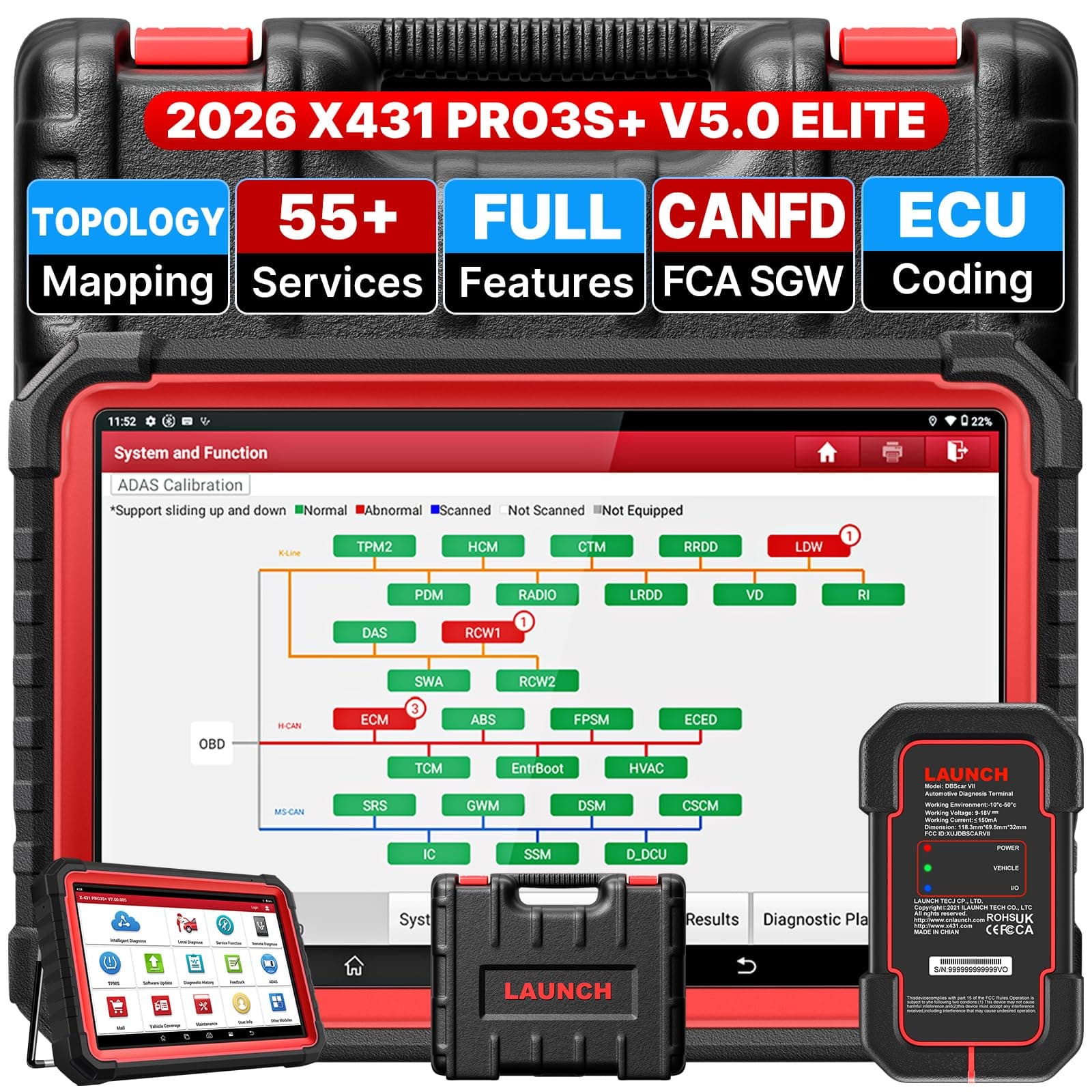 Launch X431 PRO3S+ V5.0,2026 Upgrade All-in-One Bidirectional Scan Tool,HD Trucks Scan,Topology Map,ECU Code,55+ Service,Full System,CANFD&DOIP,DBSCar VII VCI 2-Year Update