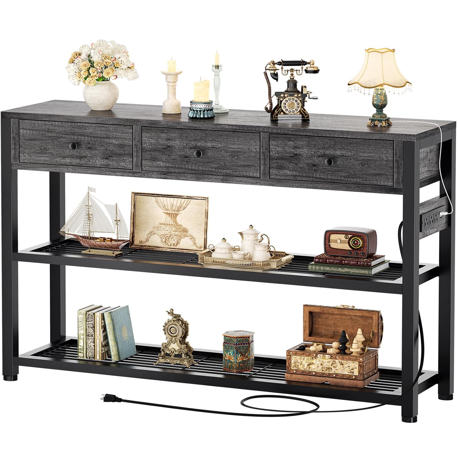 Ecoprsio 47'' Entryway Table with Outlets and USB Ports, Console Table with 3 Drawers, Sofa Table Narrow Long with Storage Shelves for Living Room, Couch, Hallway, Foyer, Kitchen Counter, Grey