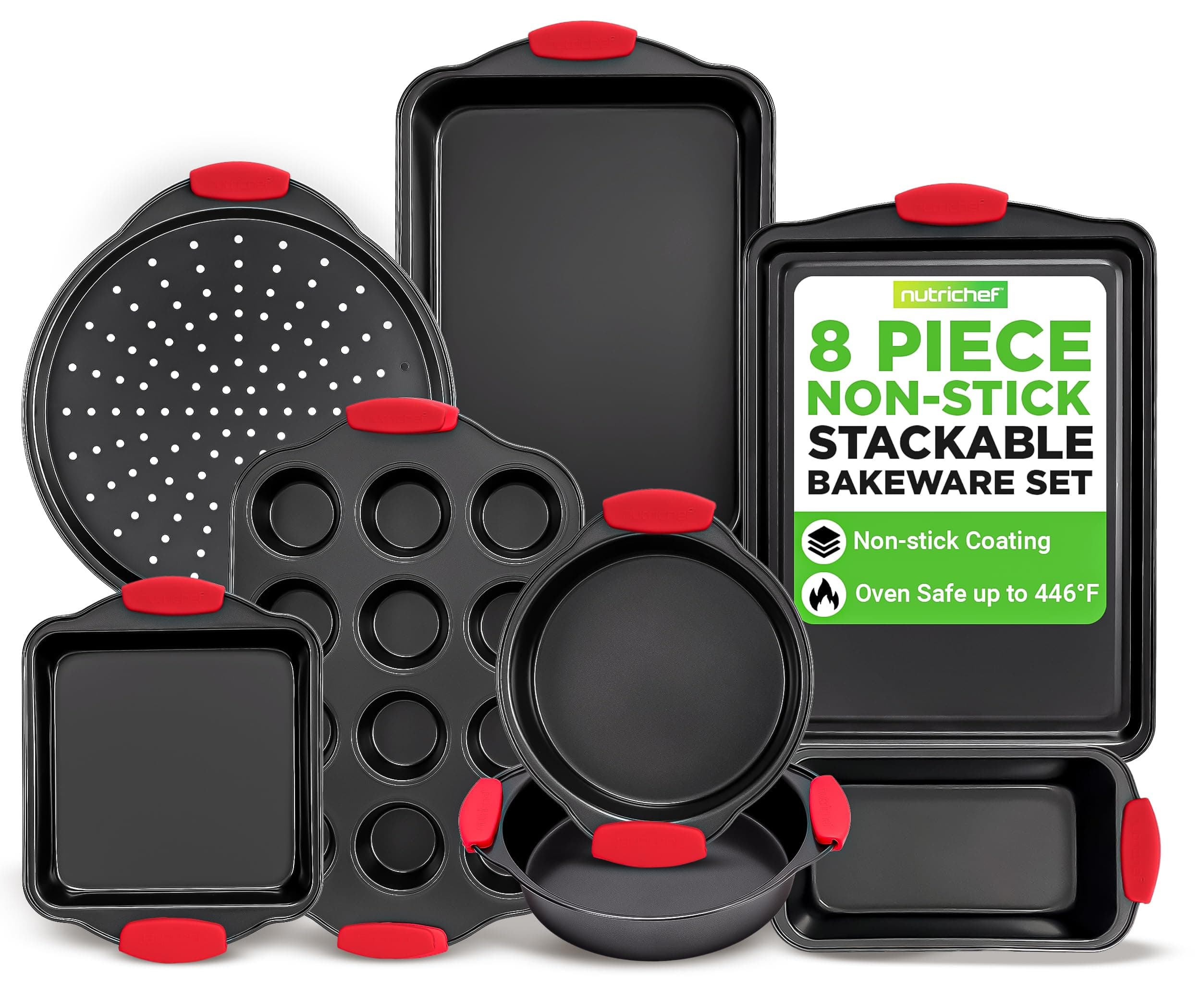 8-Piece Non-Stick Baking Tray Set, Stackable Oven-Safe Bakeware, Cookie Sheet, Loaf, Pizza, Muffin, Cake, Round & Square Pans, Non-Stick Trays with Red Silicone Handles