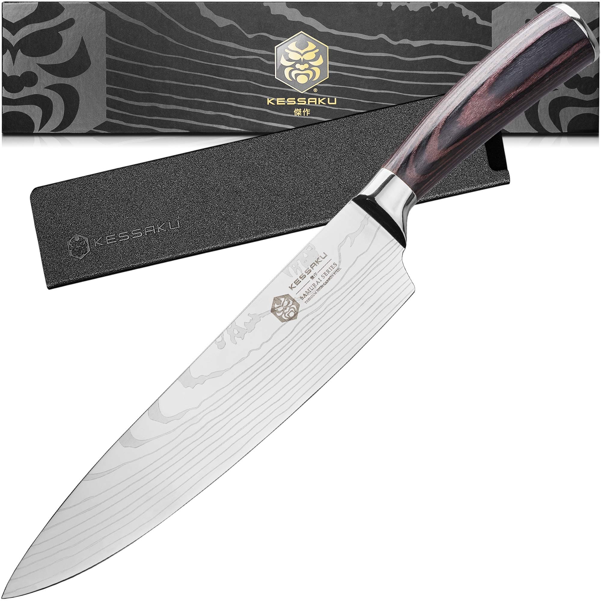 KESSAKU Chef Knife - 8 inch - Samurai Series - Razor Sharp Kitchen Knife - Forged 7Cr17MoV High Carbon Stainless Steel - Wood Handle with Blade Guard
