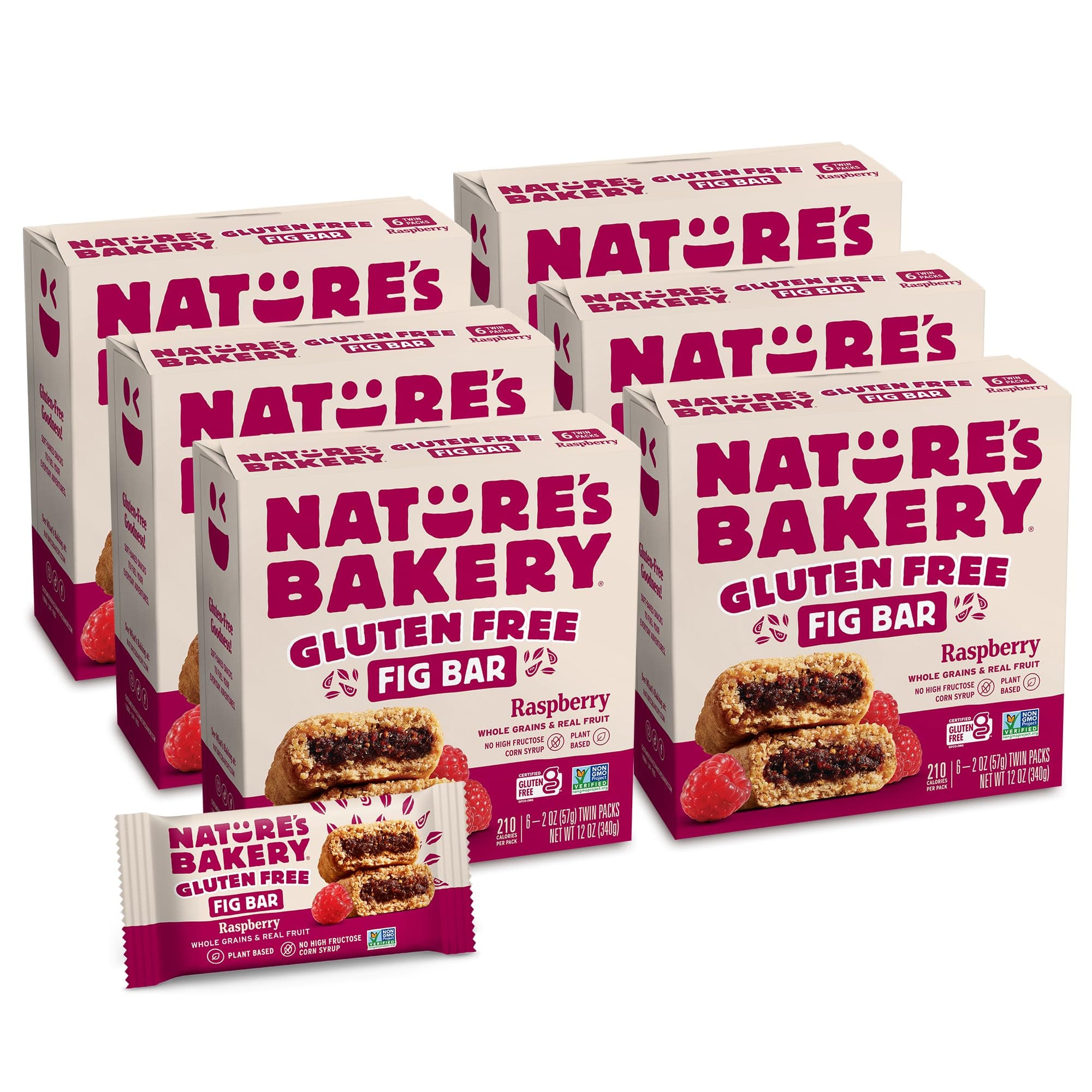 Nature’s Bakery Gluten Free Fig Bars, Raspberry, Real Fruit, Vegan, Non-GMO, Snack bar, 6 boxes with 6 twin packs (36 twin packs)