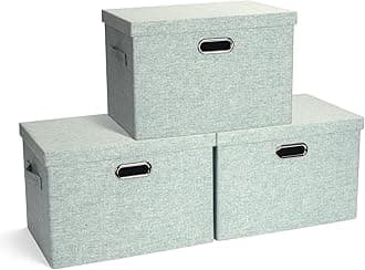 Large 17" 36 Quart Collapsible Stackable Storage Bins with Lids, 3 Packs Light Green Linen Fabric Closet Boxes with Lids, Storage Cube Baskets Container Organizers for Office (17x12x11)