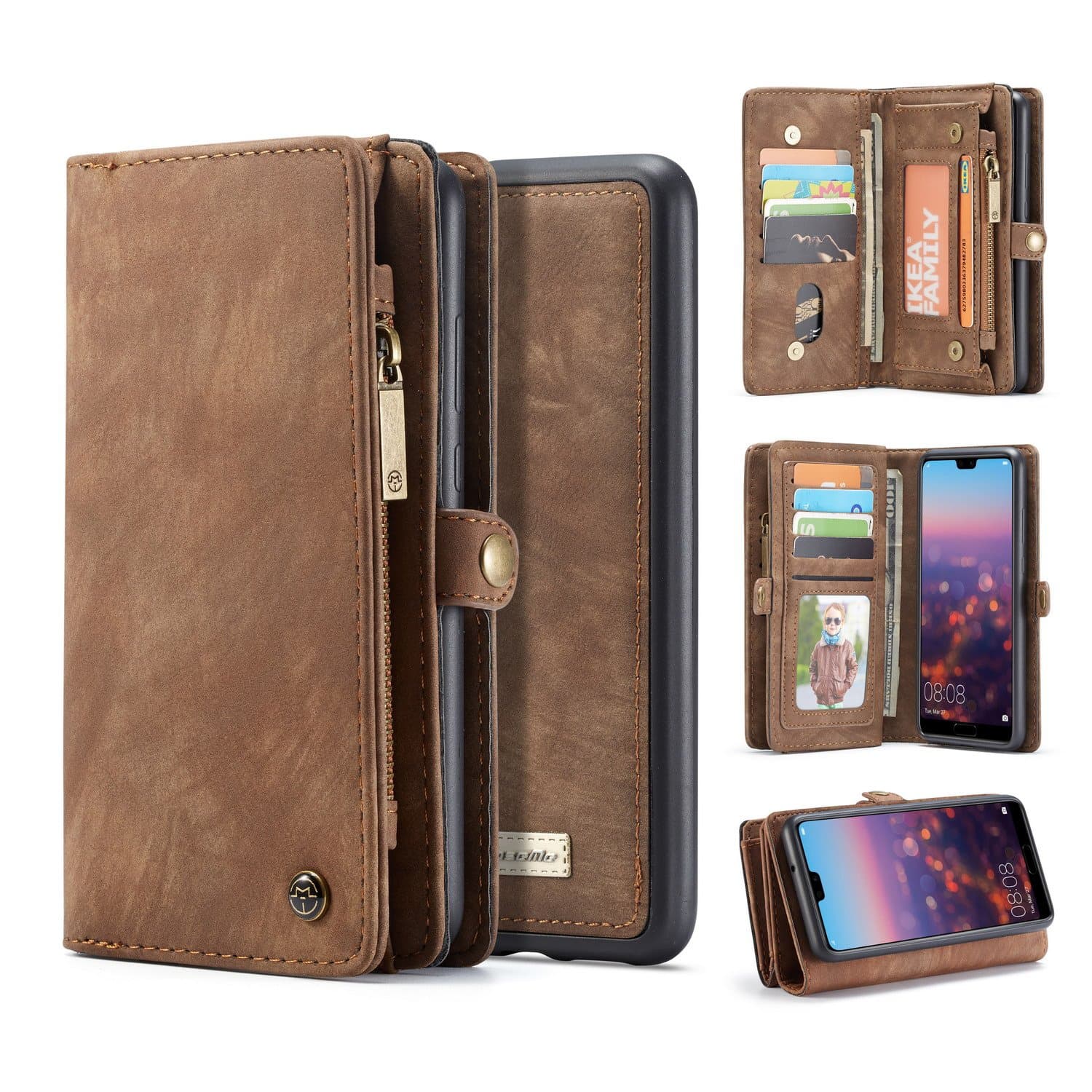 ZARO Wallet Case for Samsung Galaxy Note 9 with Card Holder Phone Purse, Detachable Magnetic Portable Folio Flip Cover PU Leather Pouch Zipper Bag Protective Shell for Girls Women Men-Brown