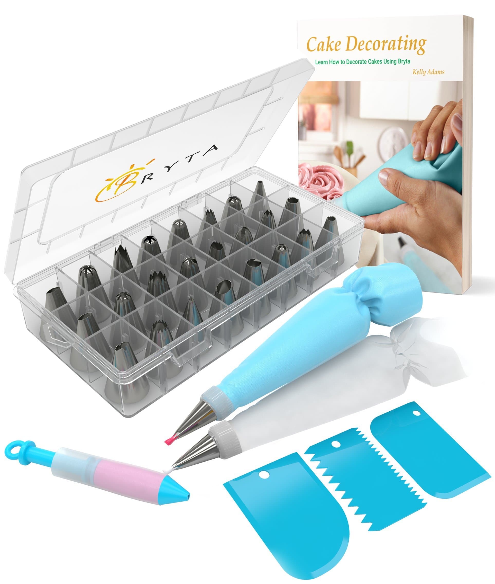 Bryta's Cake Decorating Supplies Kit - 24 Icing Tips, Silicone Icing Pen, Reusable and Disposable Piping Bags, Cake Scrapers | Best Baking Supplies for Cakes, Cupcakes, Cookies and Pastries