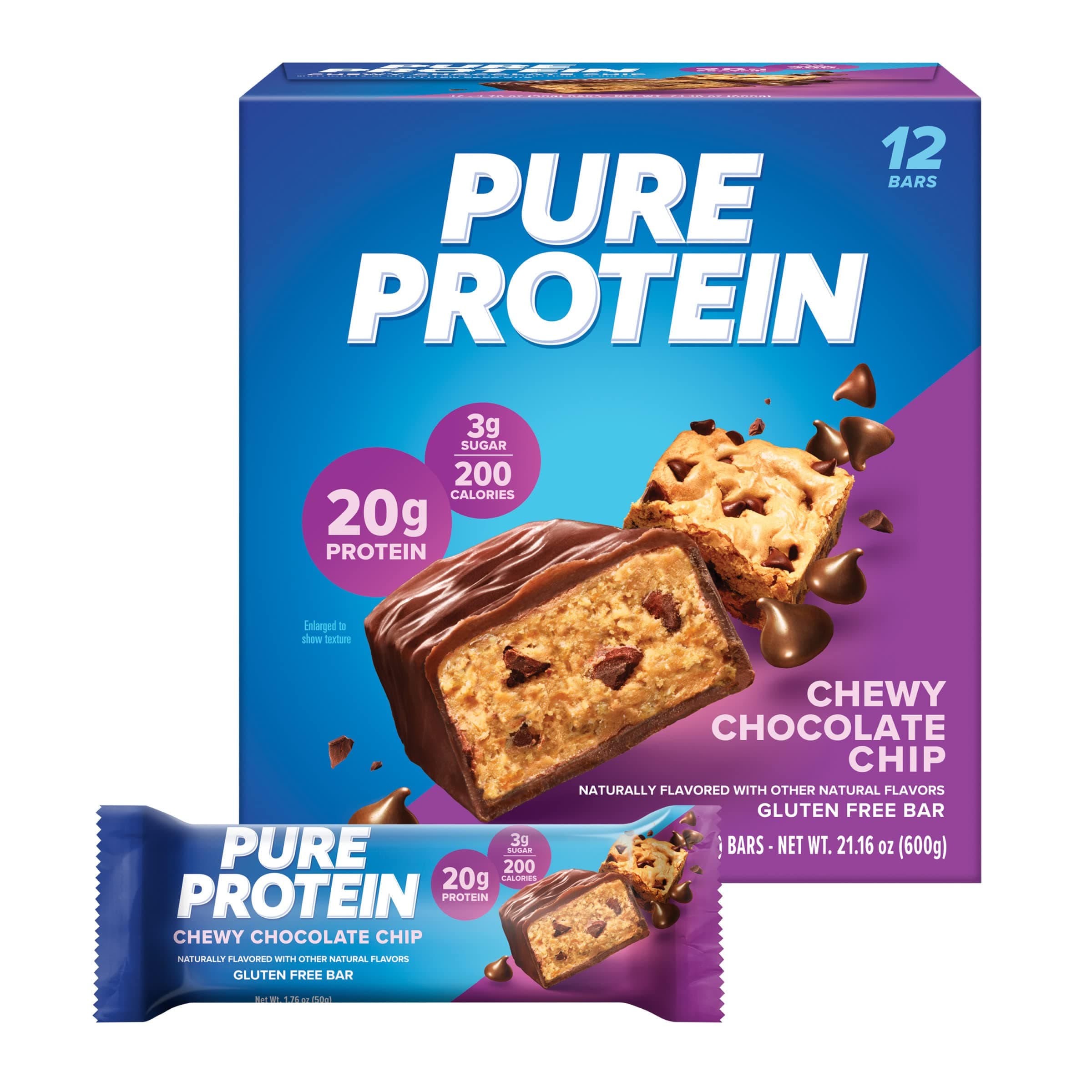 Pure Protein Bars, Chewy Chocolate Chip, 1.76 oz, 12 Pack