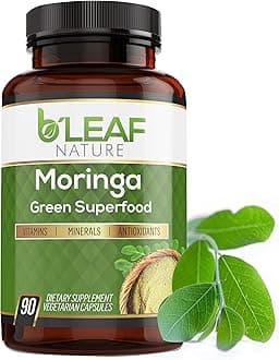 B'Leaf Nature Moringa Capsules Organic 1000mg — Pure Moringa Oleifera Leaf Powder Capsules for Energy & Immune Support | Non-GMO Gluten Free Vegan Superfood | 90 Veggie Capsules