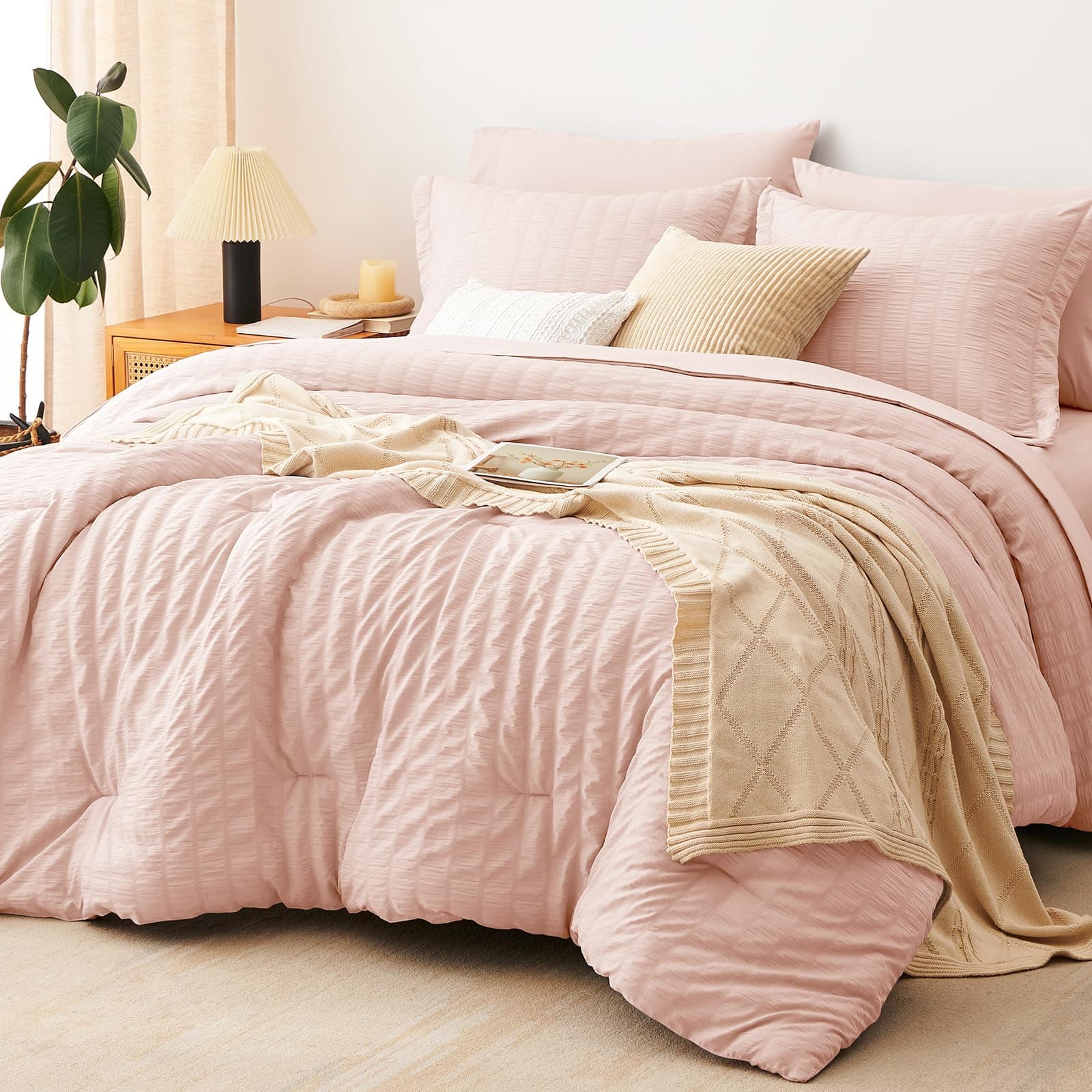 CozyLux Full Size Comforter Sets with Sheets 7 Pieces, Blush Pink Seersucker Bed in a Bag Textured Luxury Soft Bedding Sets with Down Alternative Comforter, Sheets, Pillowcases & Shams for All Seasons