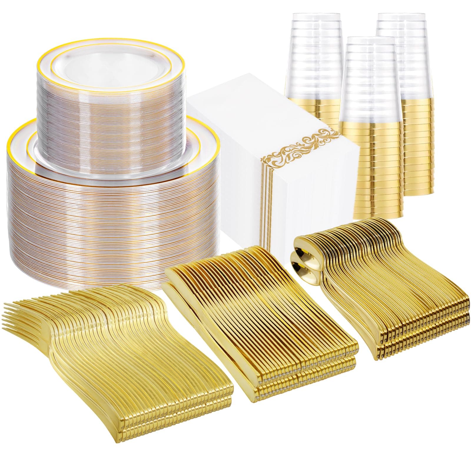 700 Pieces Gold Dinnerware Set - 100 Guests Clear Disposable Dinnerware Set for Party, Wedding, Include: 200 Clear Plates with Gold Trim, 100 Cups, 100 Napkins, 100 Plastic Silverware Sets