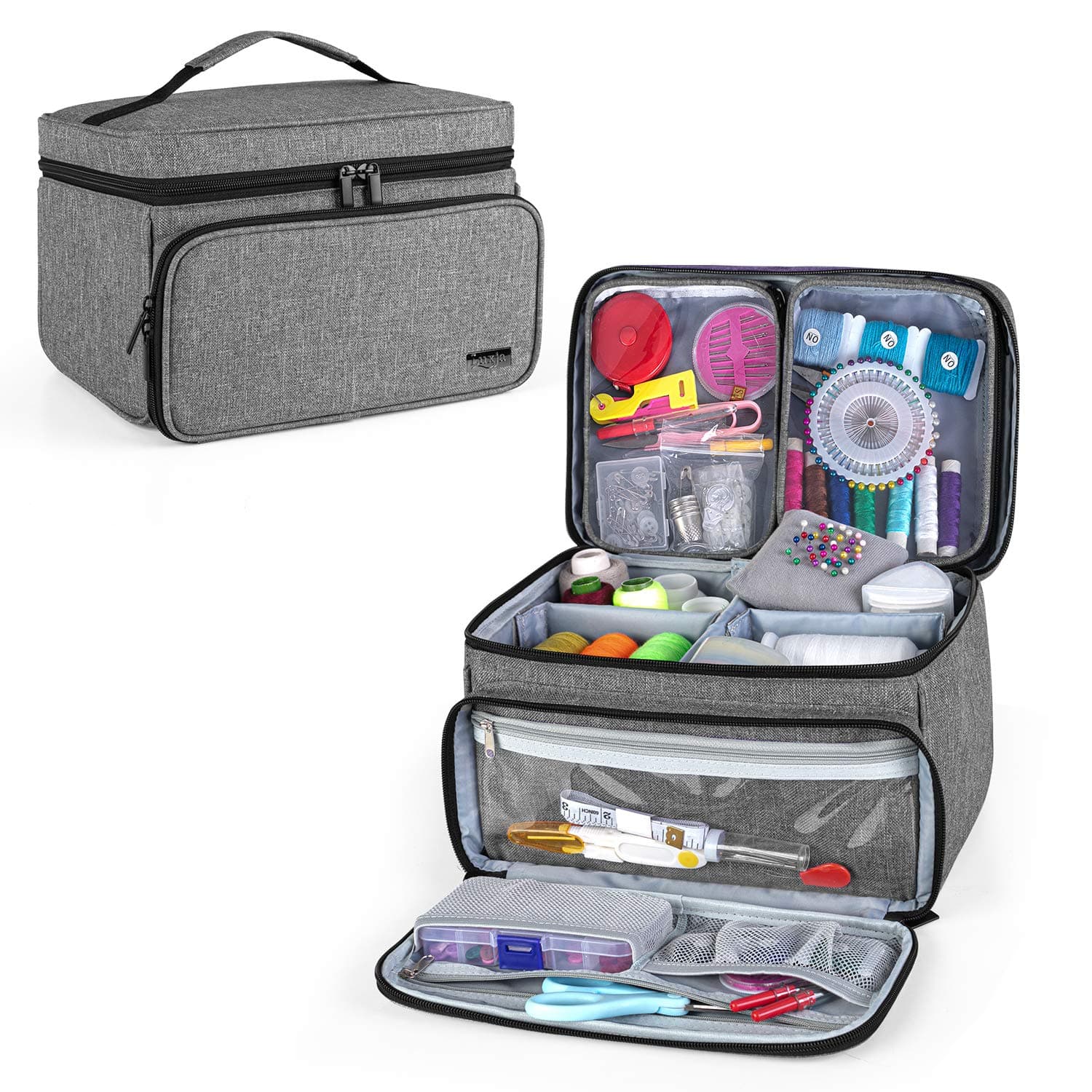 LuxjaSewing Kit Storage Bag, Sewing Accessory Box with 2 Transparent Detachable Pockets, Sewing Storage Bag, Grey (Bag Only)