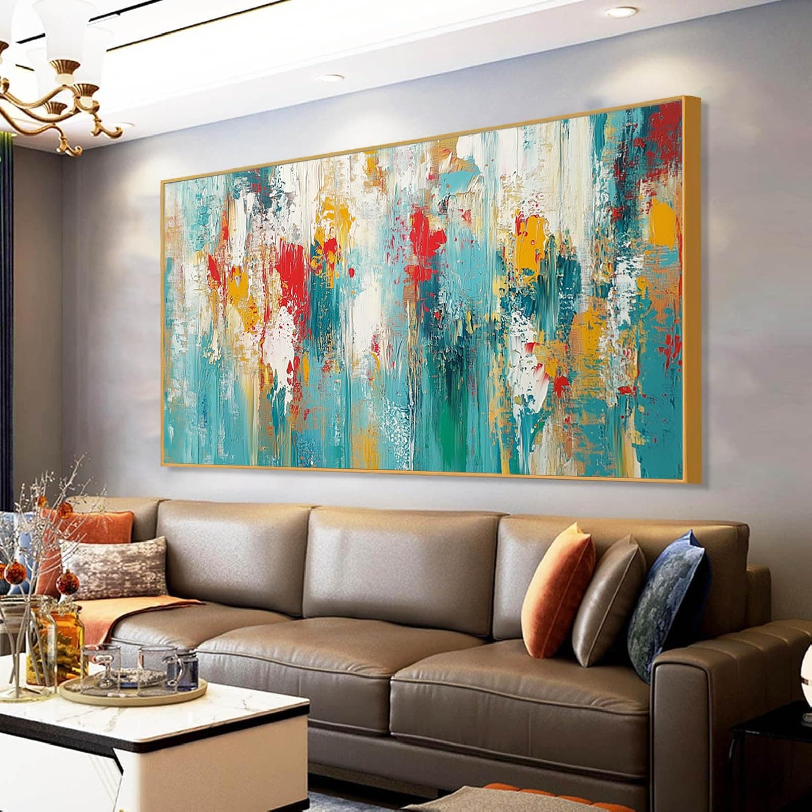 Extra Large Abstract Painting on Canvas, Abstract Wall Decor, Blue Gold Wall Art, Textured Style Artwork, Abstract Print Art, Modern Canvas Art Wall Decor, Wall Decor Office Living Room (Gold Frame, 48"x27"|122x68cm)