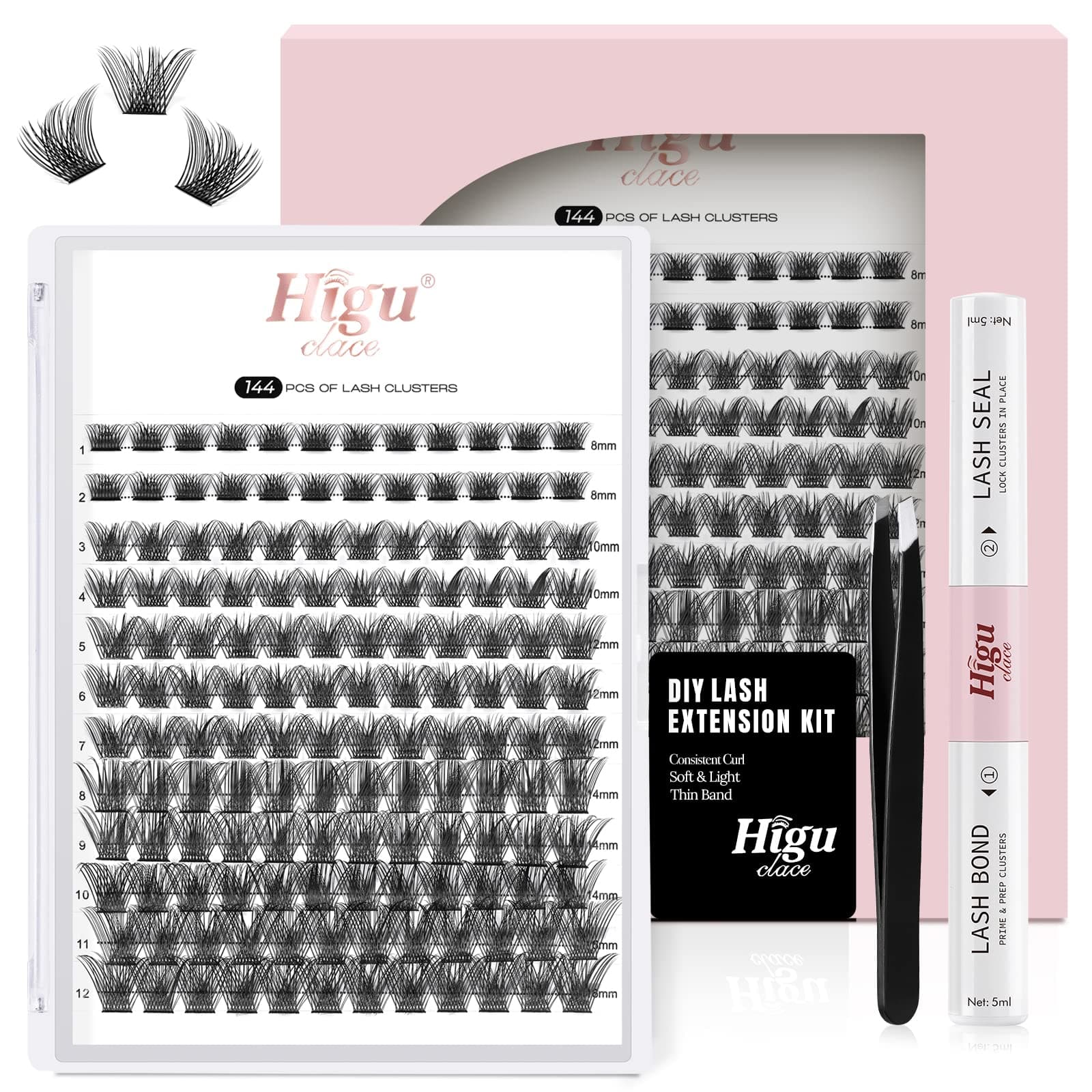 Higu DIY Eyelash Extension Kit, 144 Pcs Lash Clusters Thin Band Cluster Lashes with Super Hold Mascara Brush Bond and Seal Eyelash Glue and Lash Applicator Eyelash Cluster Extensions Set (R-05 Kit)
