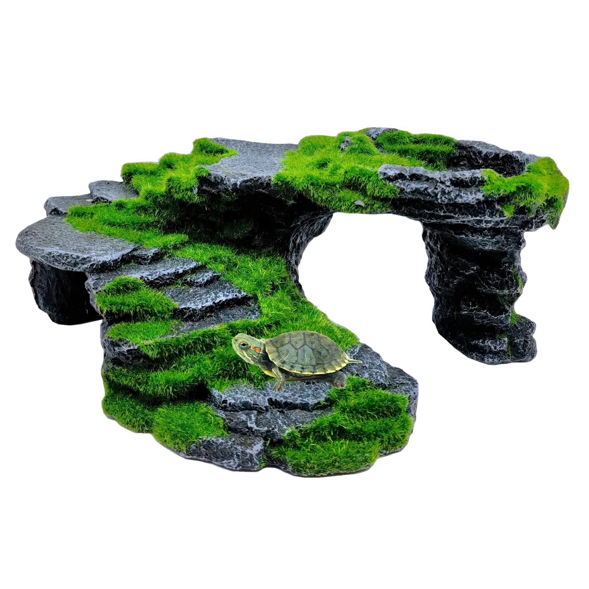 Reptile Hide Resting Step Ledge Cave Hideout Turtle Basking Platform – Great for Reptiles, Amphibians, and Fish (Moss Step Ledge B)