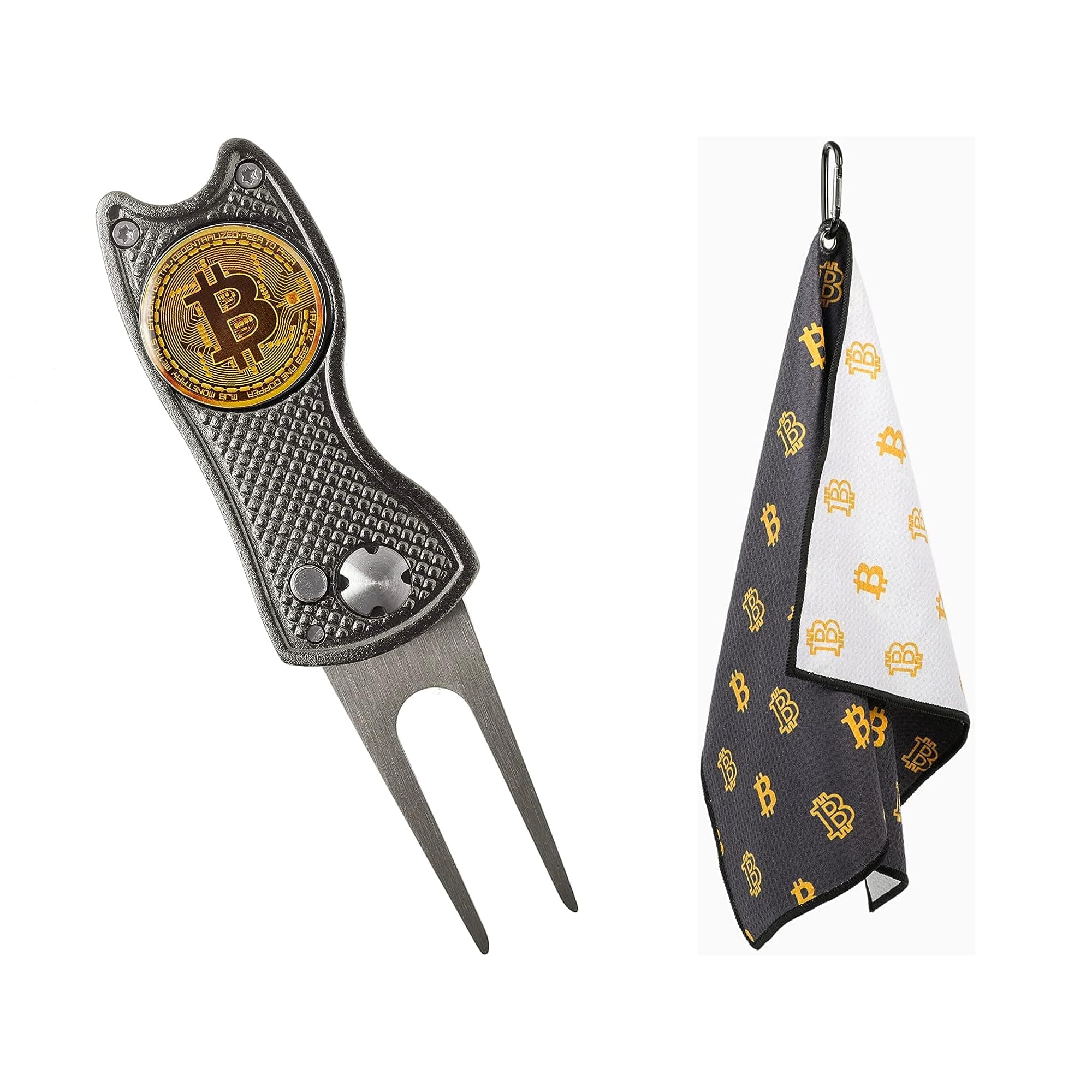 HODL 21 Bitcoin Divot Tool Grey and Bitcoin Golf Towel