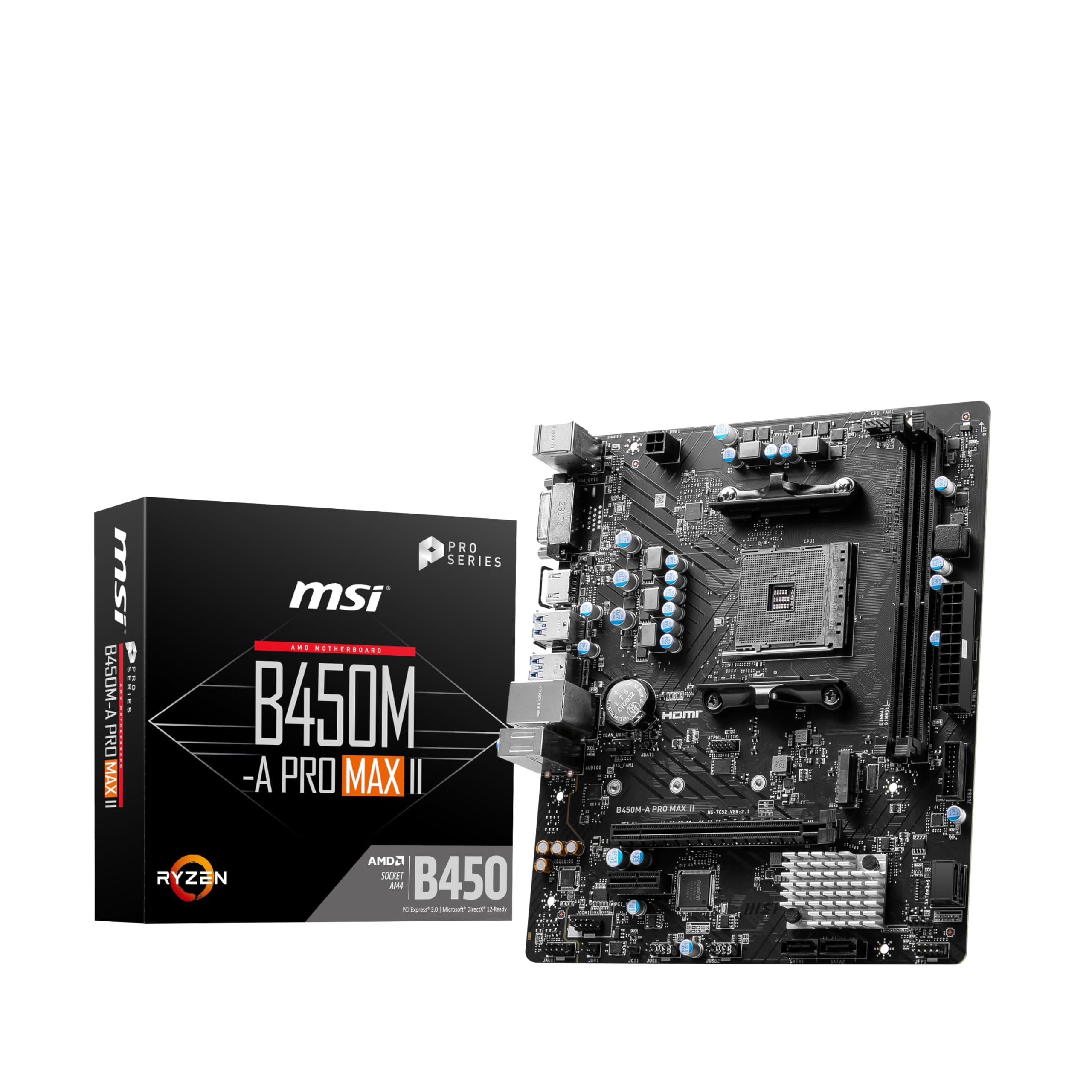B450M-A Pro Max II Micro ATX Motherboard for AMD Ryzen 5000, 4000, 3000, 2000, 1000, AM4 Processors DDR4 Memory Boost 4133+MHz/OC, PCIe 3.0 x16 Slot, M.2 Gen3 2.5G LAN