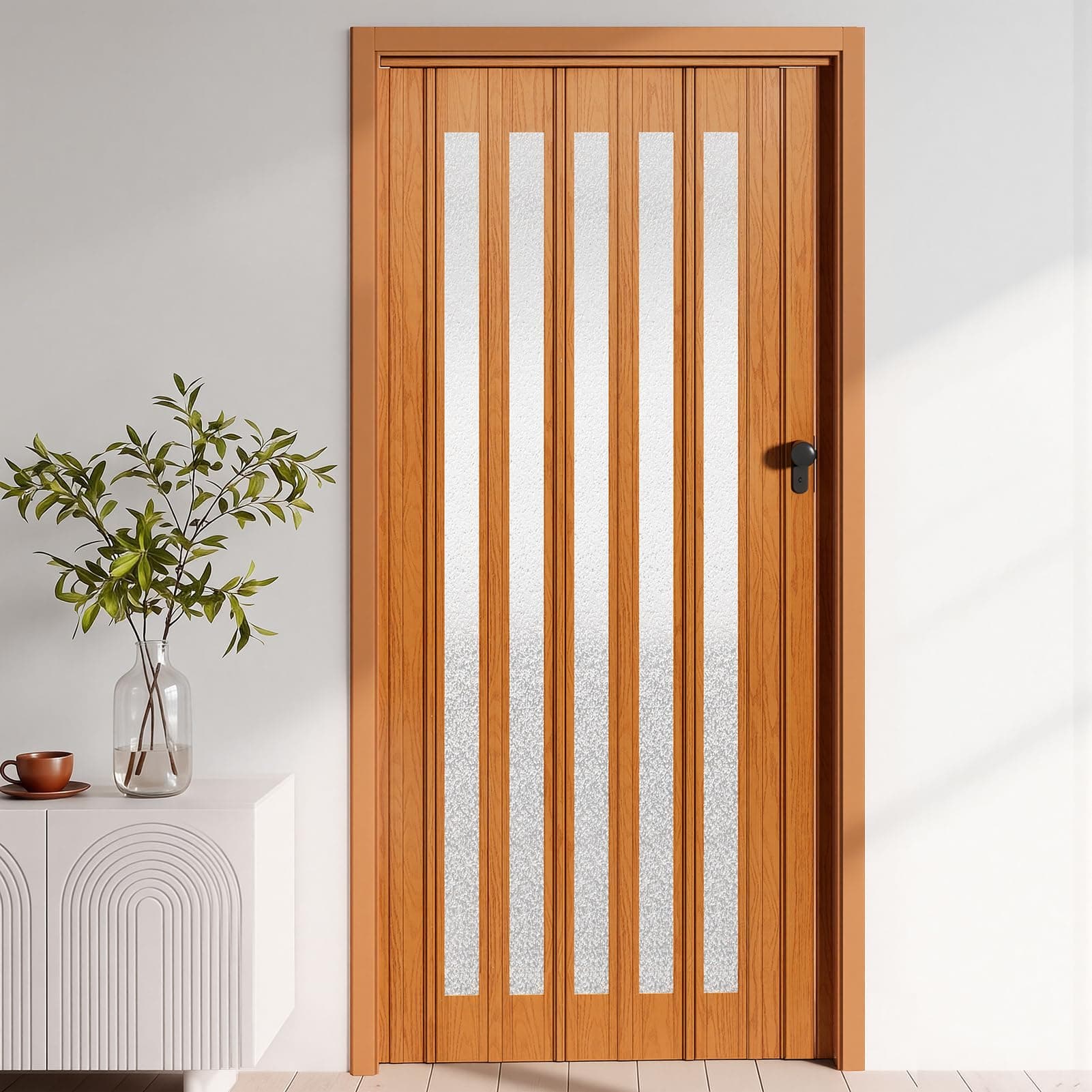 INMOZATA Folding Doors Internal PVC Plastic Features Artistic Patterned Glass Internal Doors with Handle Sliding Concertina Door Panel Divider (Natural, Thickness 10mm)