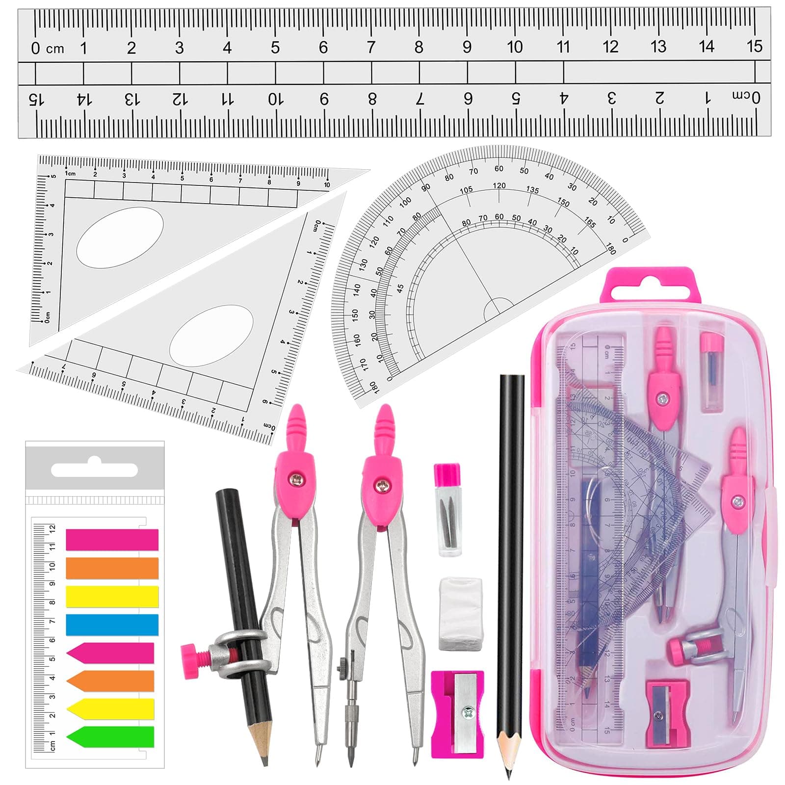 Akuoly Maths Compasses Full Starter Geometry Kit with 2 Drafting Compasses Protractor 2 Set Squares Ruler Pencil and More for Students Maths Study Homework etc. Pink