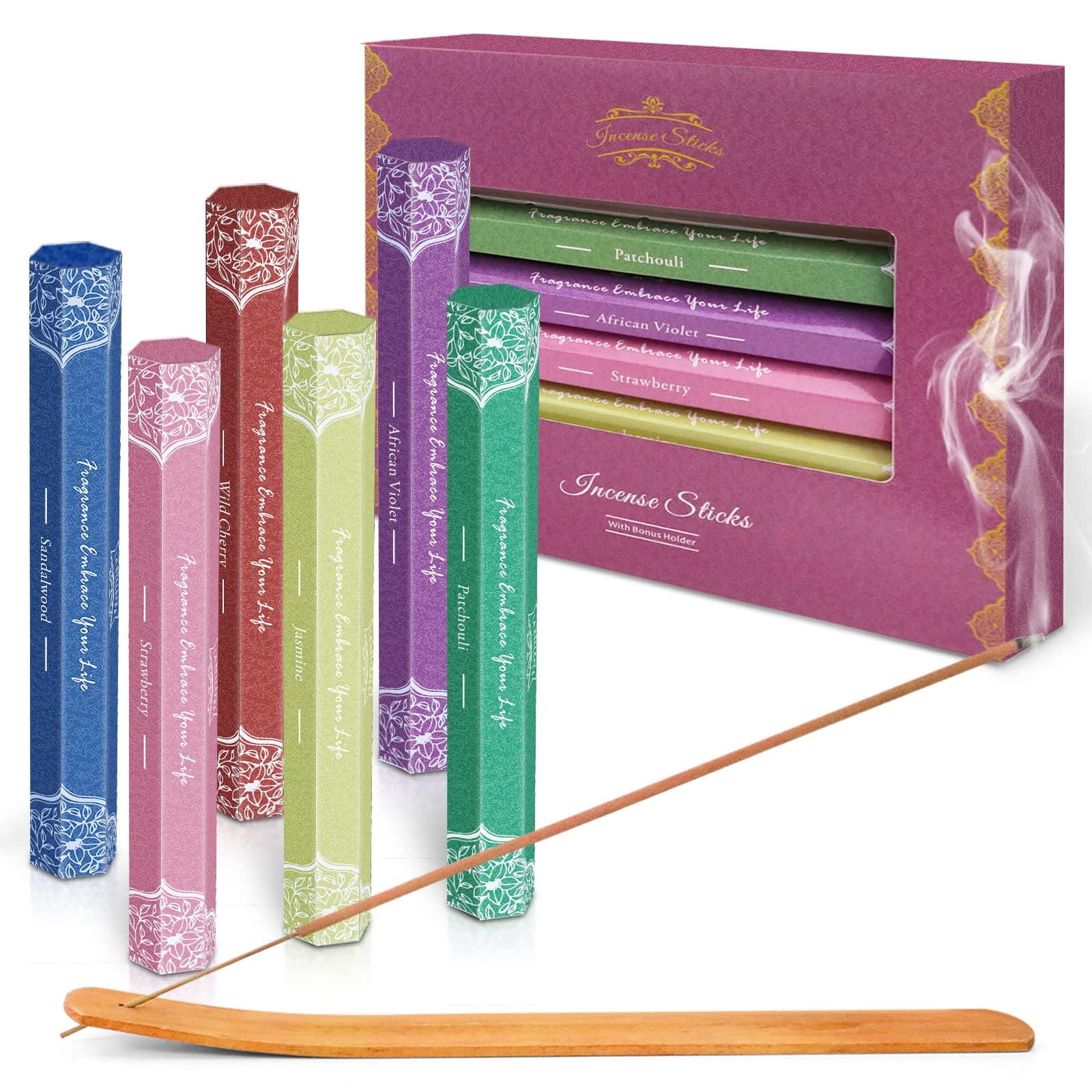 Premium Incense Multipack Gift Set - Incense Sticks for Aromatherapy, Spa, Yoga, Meditation, Relaxation - Wooden Holder Included