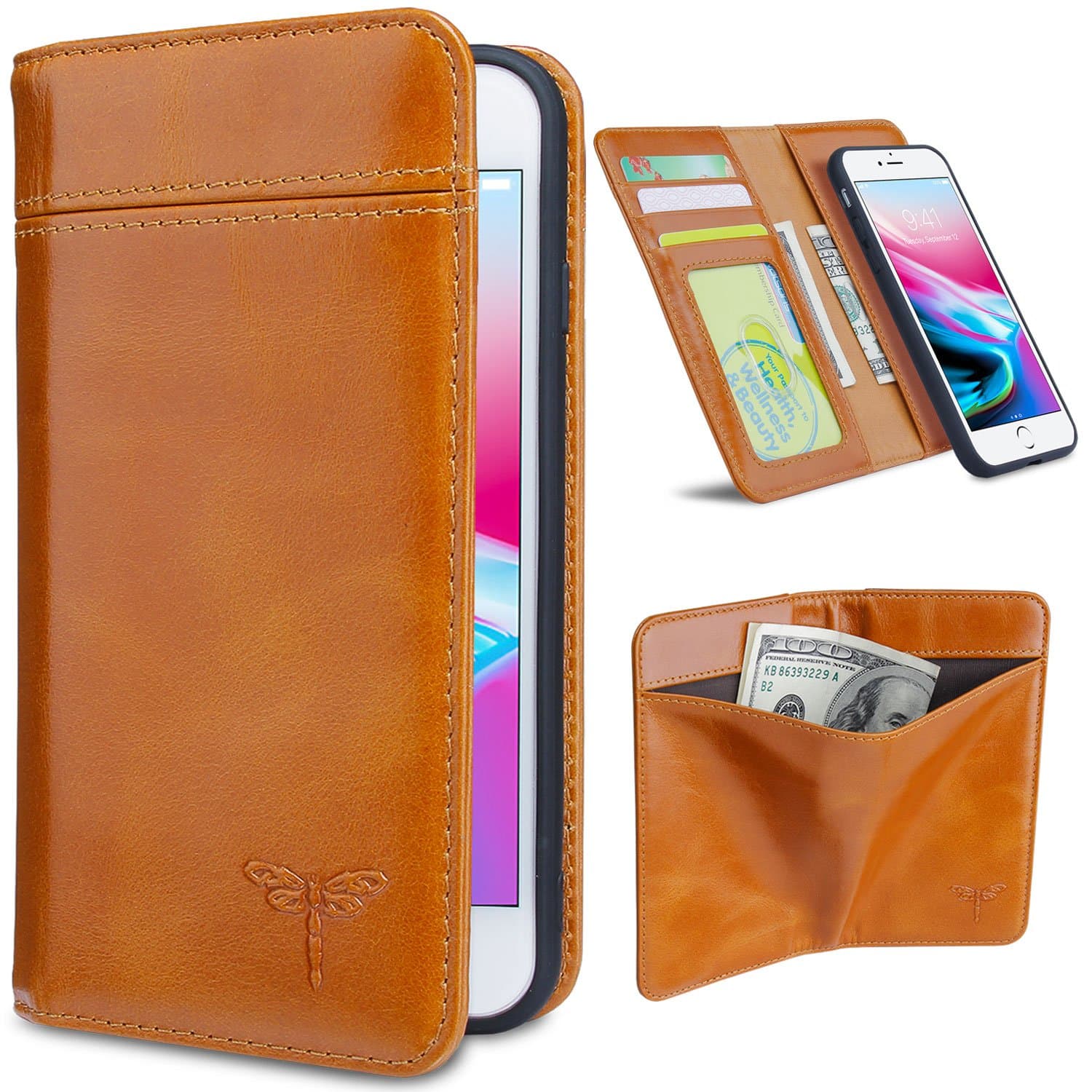Compatible iPhone 7 Case, iPhone 8 Wallet Cases with Magnetic Detachable Case,3 Card Holder Slots,3 Bill Pockets, Premium Genuine Leather Handmade Flip Case for iPhone 7/ iPhone 8 - Brown