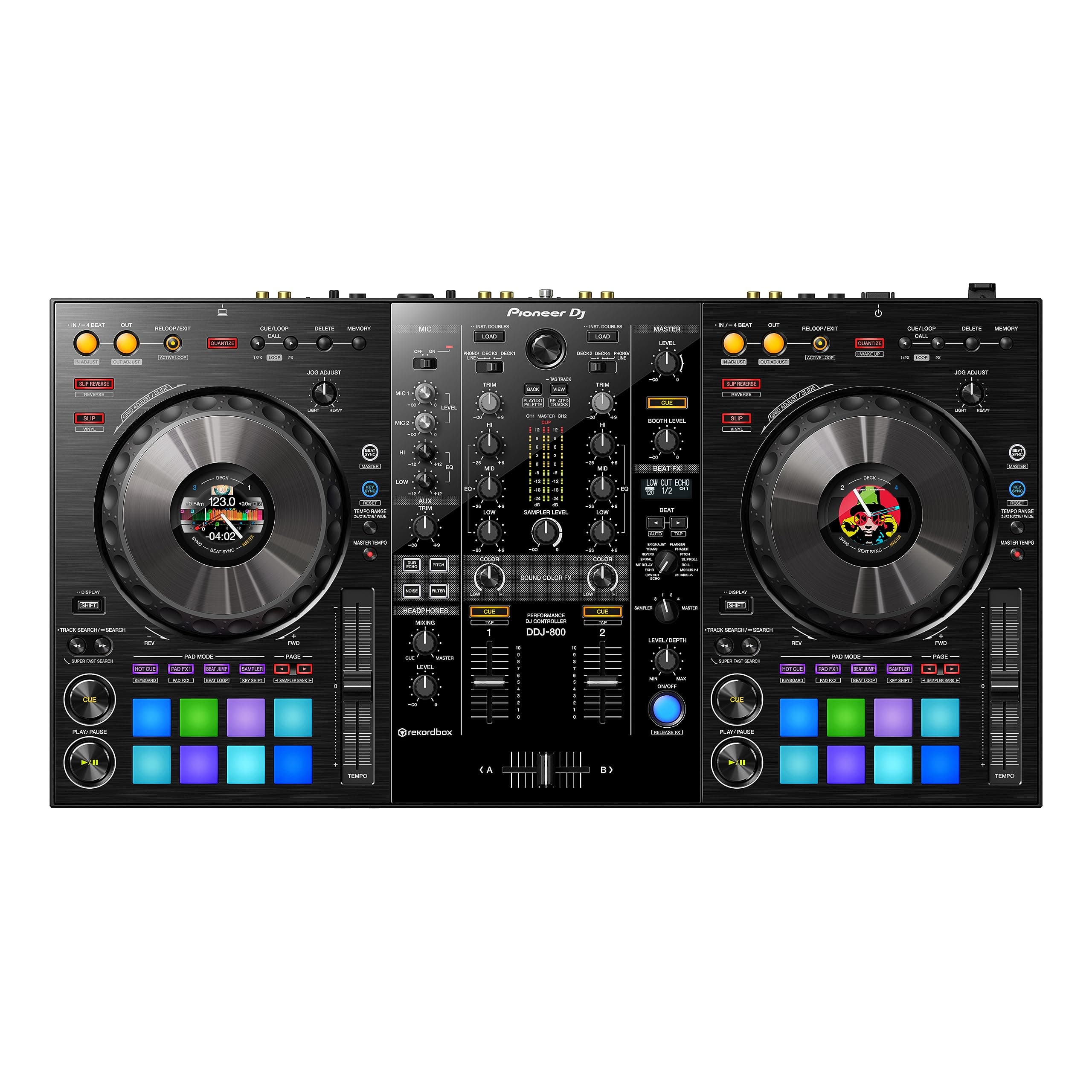 The DDJ-800 2-channel DJ controller is a pro DJ setup that’s made to go wherever you do. This portable unit inherits the club-style layout and popular features of the DDJ-1000, including Color On Jog Displays, and packs it all into a lighter body.