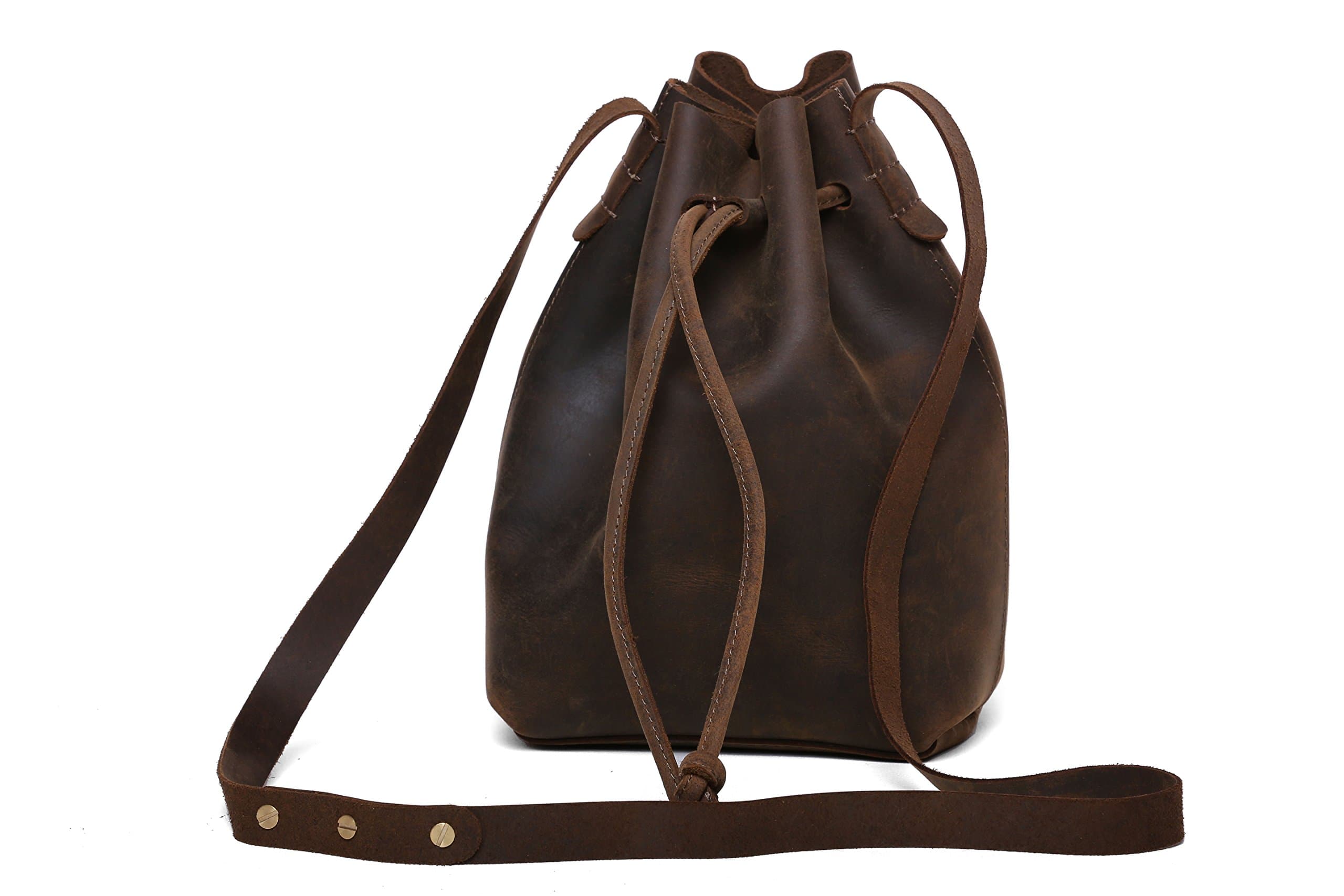 Rustic Vintage Genuine Leather Bucket Drawstring Shoulder Bag with Strap Sling Bag for Women Brown, 12x11x4 inch