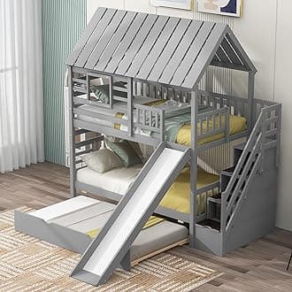 Stairway Bunk Bed with Slide for Boys Girls, Twin Over Twin House Bunk Bed with Trundle and Stairs for Kids Teens, No Box Spring Required, Space Saving, Gray
