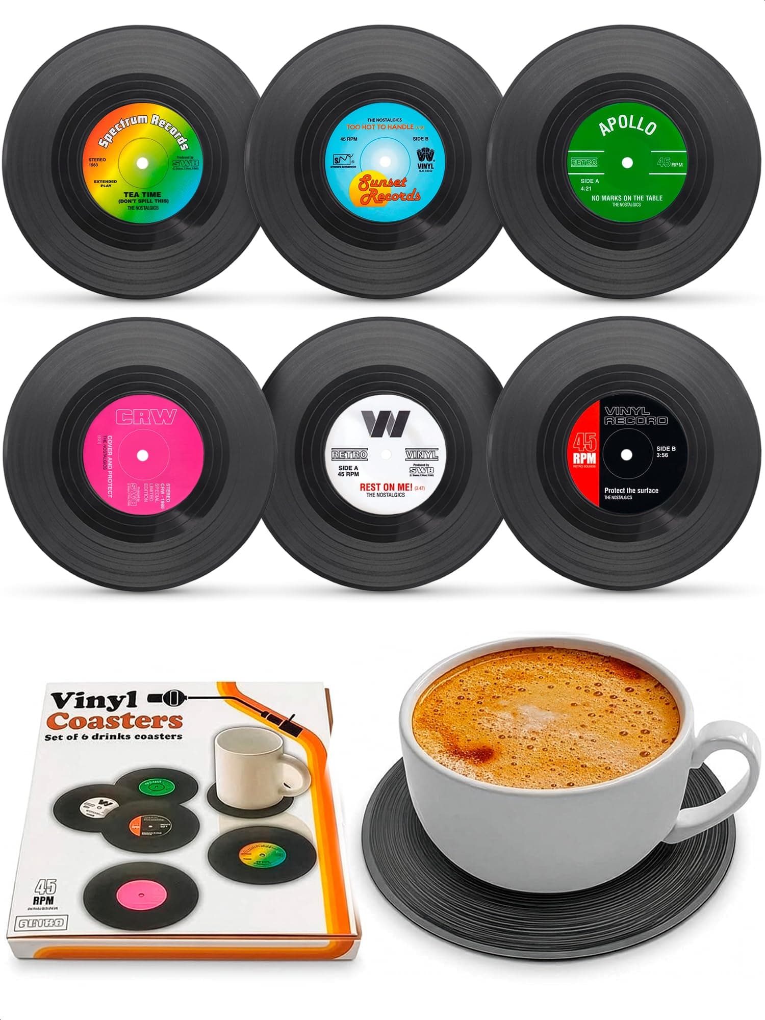 6Pcs Vinyl Record Coasters for Drinks - 4.1" Retro Gift Record Player Coasters for Desk - Durable and Heat-Resistant Mini Vinyl Records Set for 80s Decor in Home, Bar, Kitchen or Office