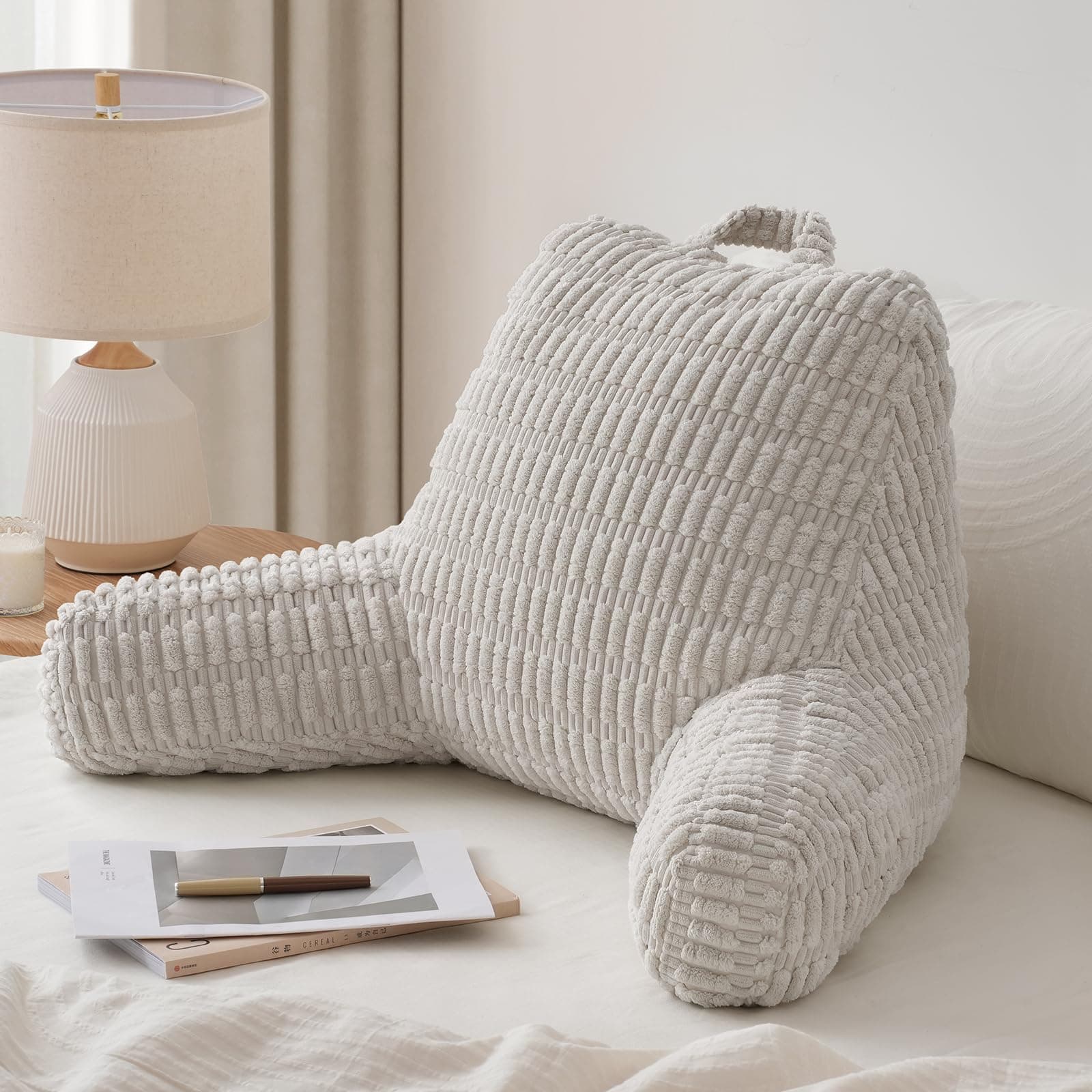 Blissful Diary Reading Pillow, Backrest Pillow with Shredded Memory Foam for Adult & Children, Designed for Bed and Couch Sitting Up, Includes Arms, Pockets and Washable Cover, Light Gray