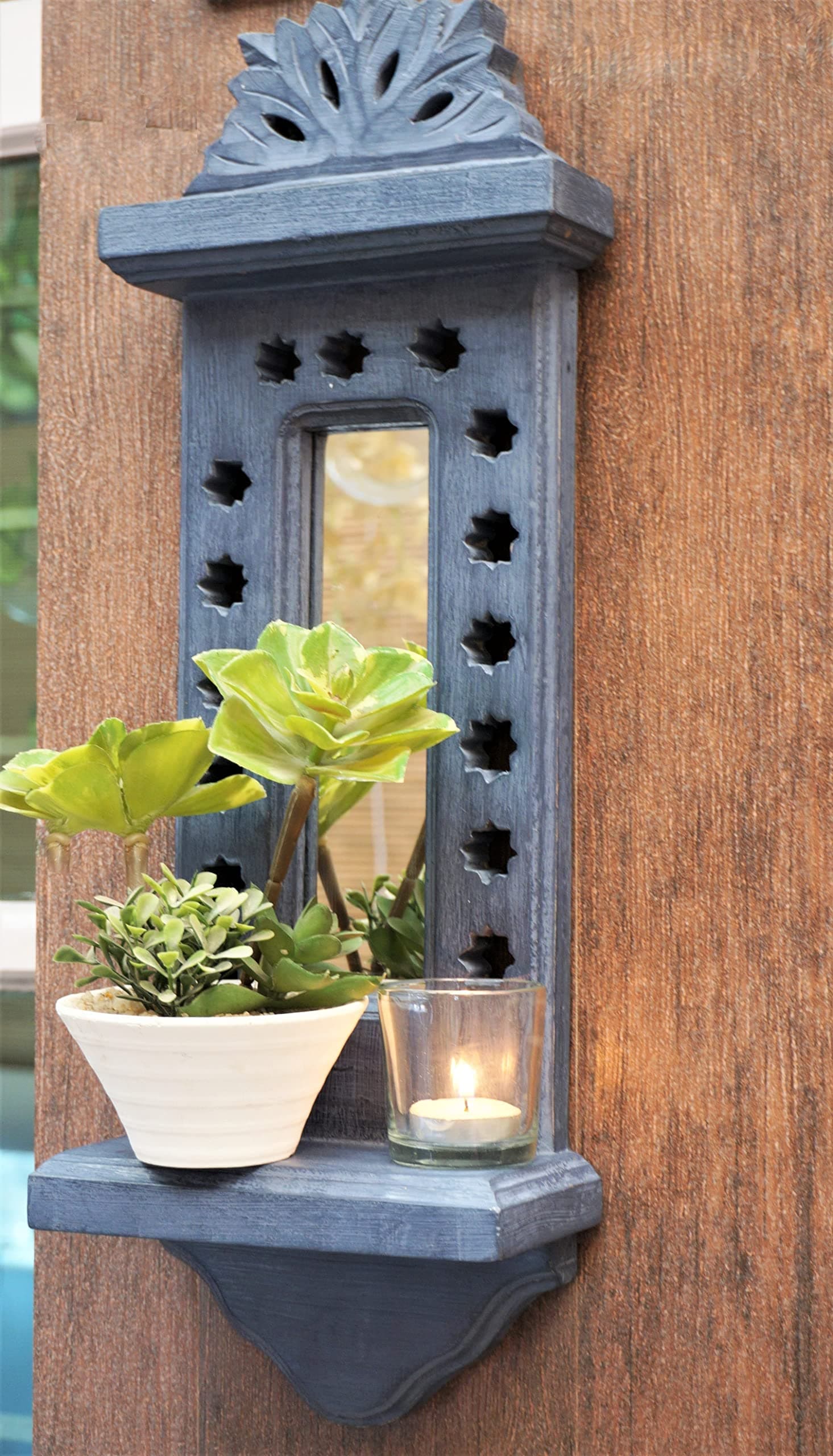 Antique Wooden Wall Hanging Jharokha Wall Mount Mirror for Living Room, Bedroom, Home Décor (Oval, Grey)