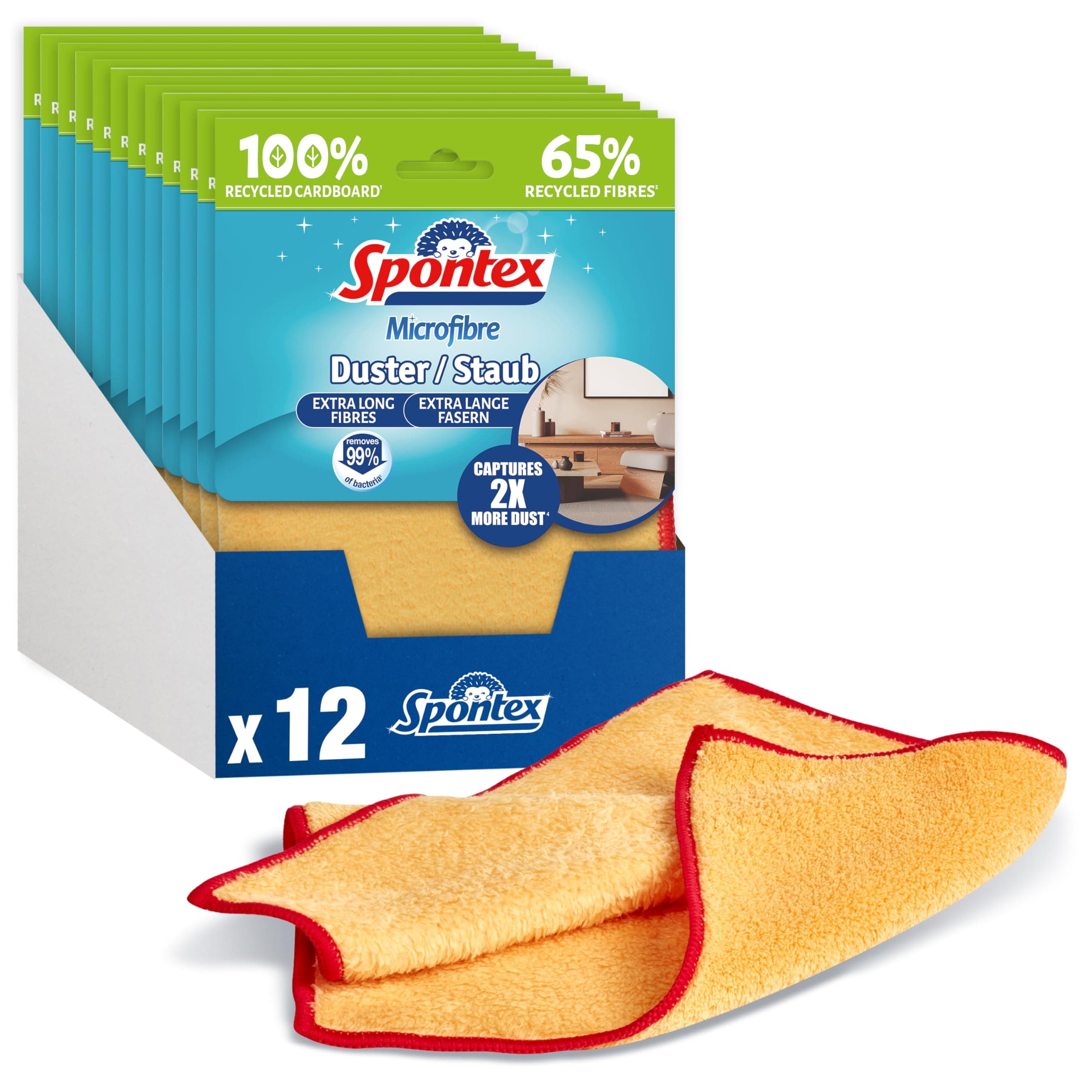 Microfibre Dusters | 12 x Cleaning Clothes for Dusting & Polishing | Extra Long Fibres | Captures 2x More Dust* | 30 x 30cm |65% Recycled Fibres
