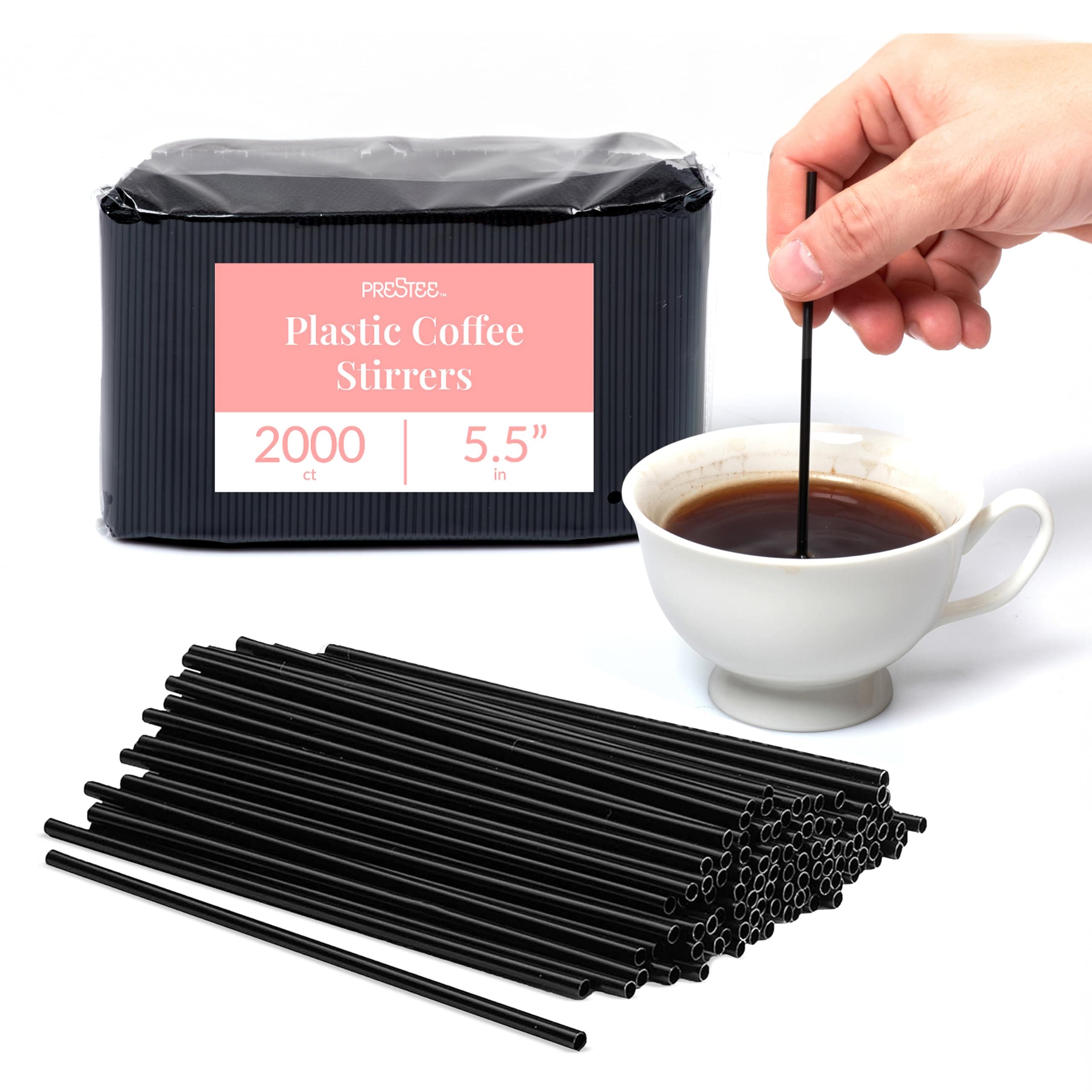 Prestee Plastic Coffee Stirrers 5.5 Inch, 2000 Count - Disposable Black Drink Stir Sticks for Coffee, Tea, Cocktails & Beverages - BPA-Free Plastic Stirring Straws for Home, Office & Events