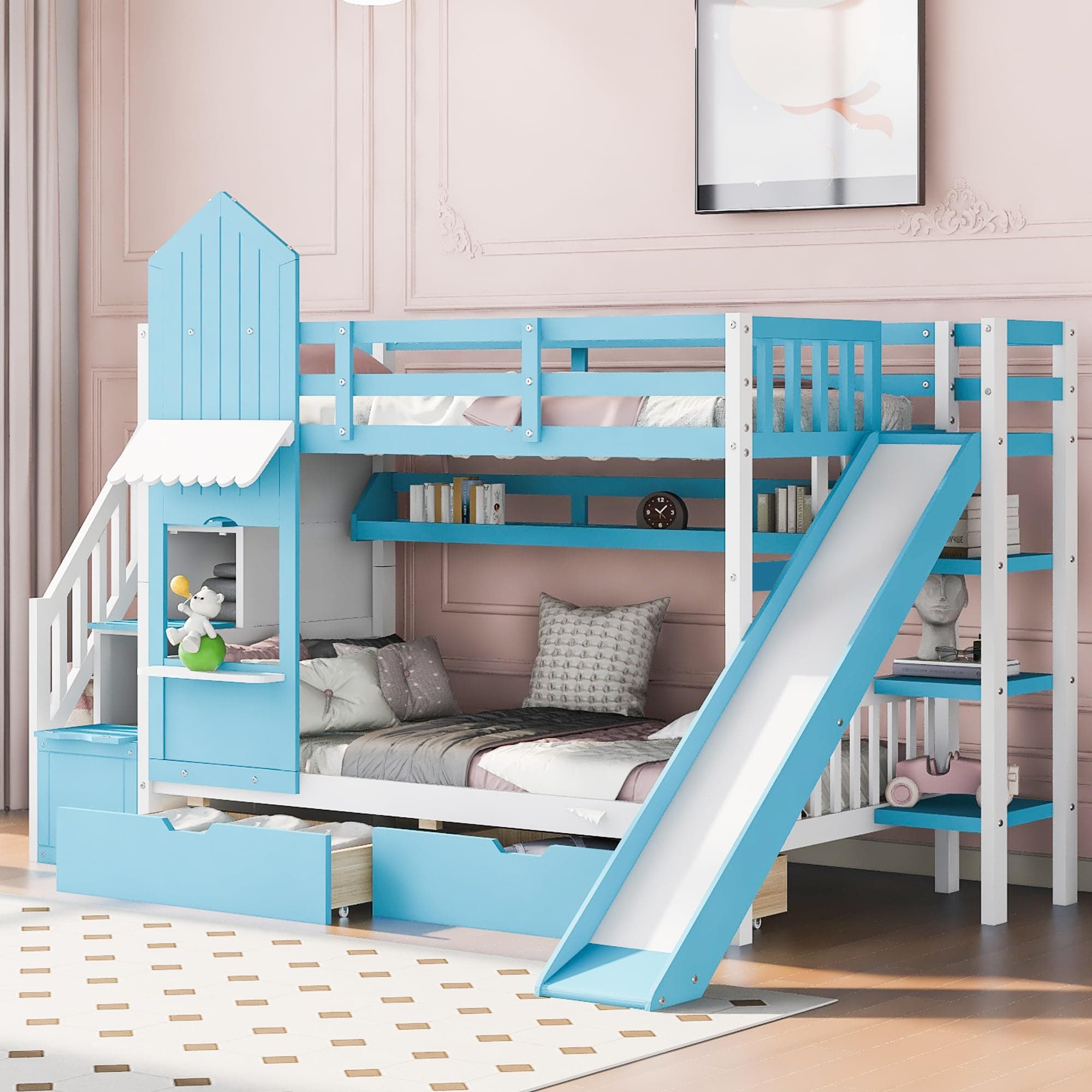 Merax Twin Over Twin Castle Shape Bunk Bed with Slide, Storage Stairway Staircase, 2 Drawers and 3 Shelves, Blue