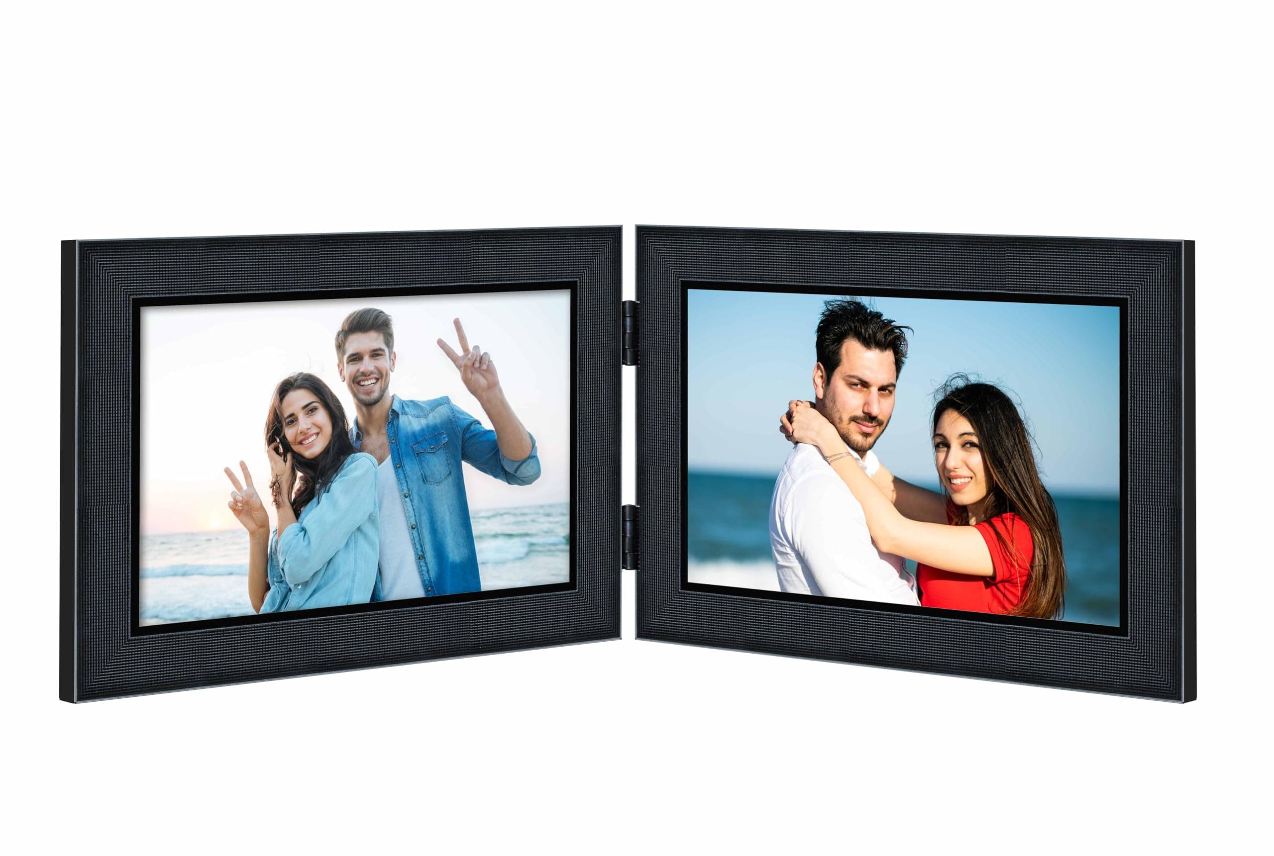 Indianara Customised 5 x 7 Tabletop Horizontal Double Hinged Engineered Wood Black Photo Frame with shatter-resistant Glass - Upload 2 Landscape/Horizontal Photos for Print