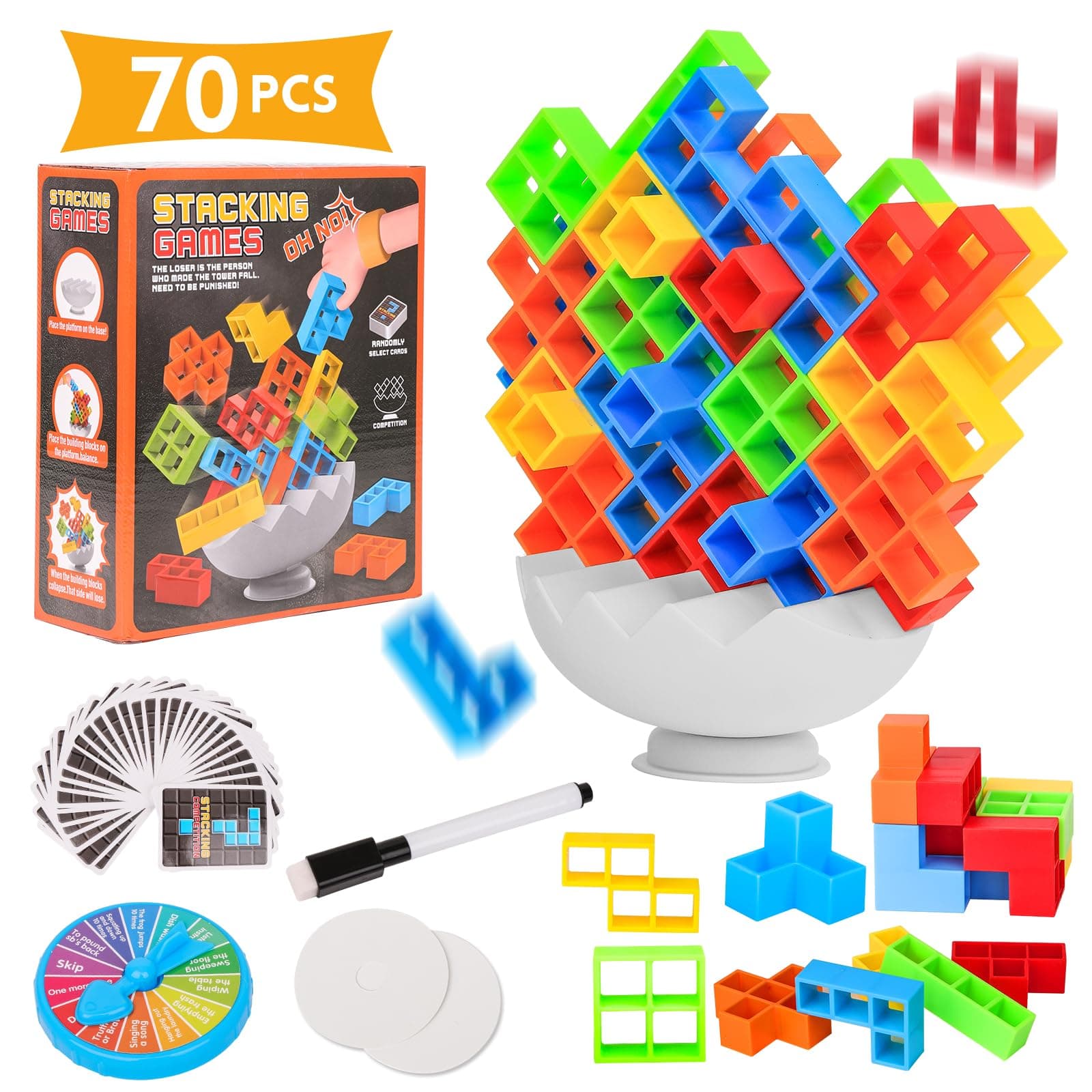 Tetra Tower Stack Game, Balance Stacking Blocks Board Games for Kids & Adults, Fun for Classroom, Dorm, Party (70pcs)