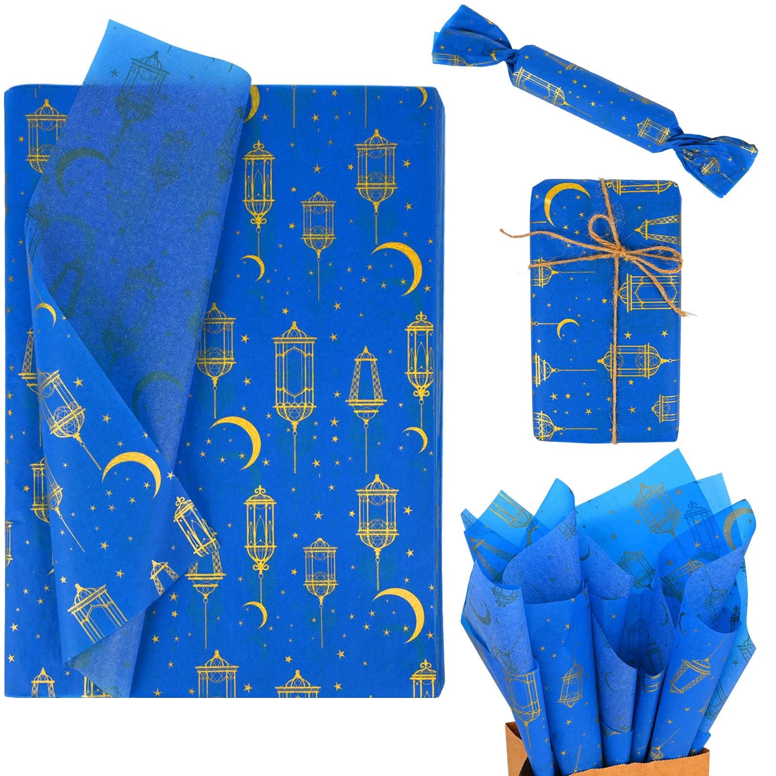 Bolsome 50 Sheets 19.7 * 27.5Inches Eid Mubarak Tissue Wrapping Paper Blue and Gold Tissue Paper for Gift Bags for Ramadan Eid Al-fitr Gift Wrapping and DIY Crafts