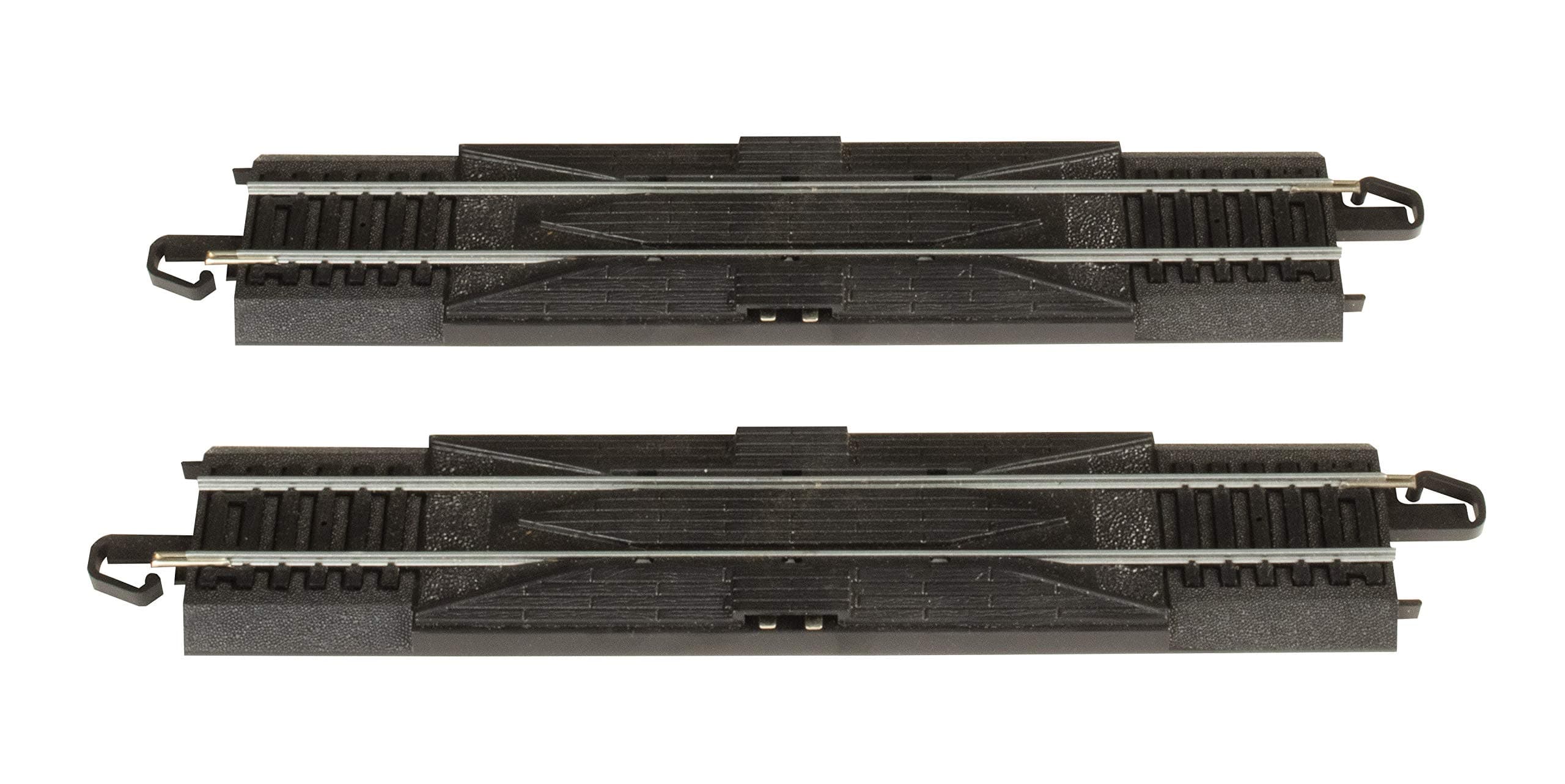 Trains - Snap-Fit E-Z TRACK 9” STRAIGHT RERAILER (2/card) - STEEL ALLOY Rail With Black Roadbed - HO Scale