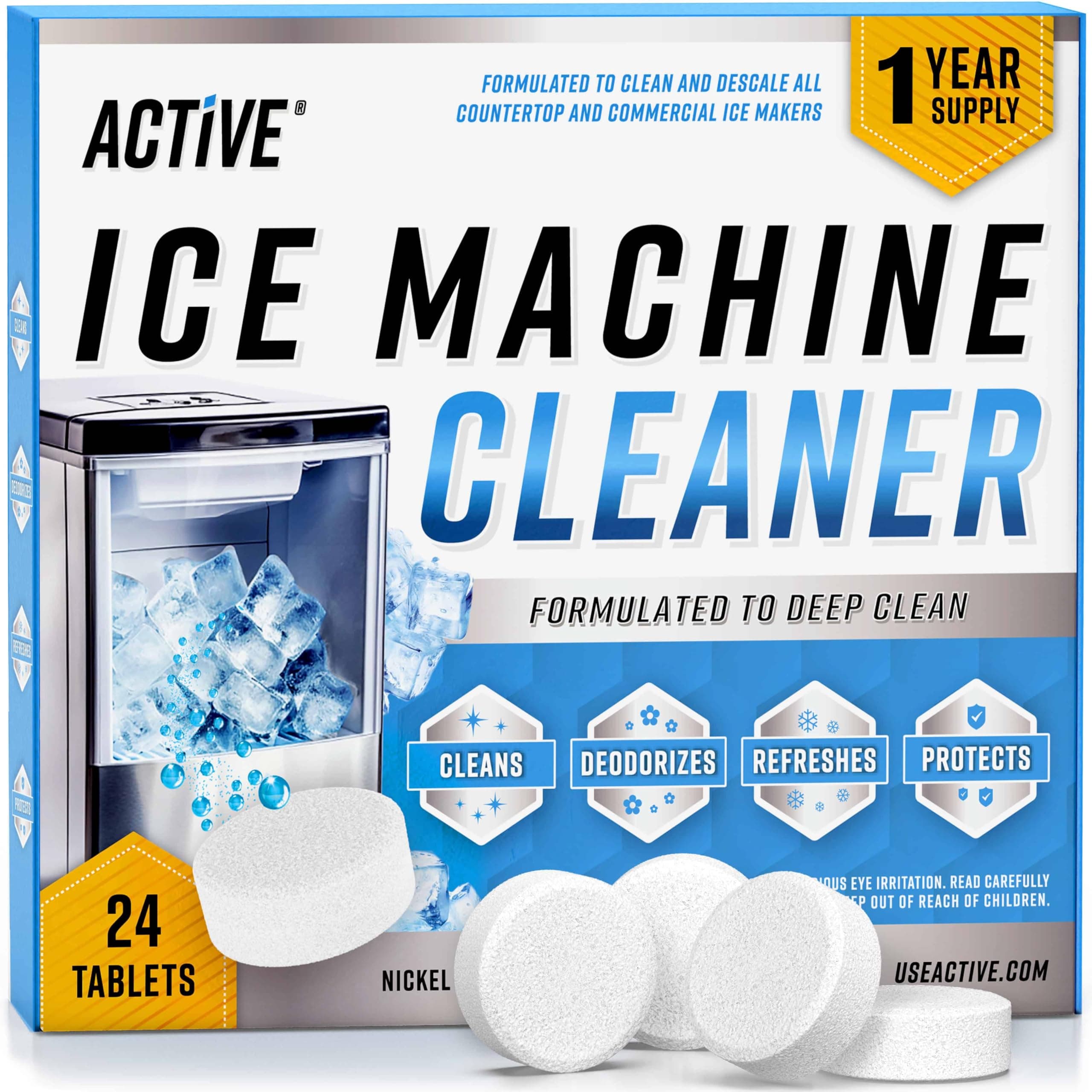 Ice Machine Cleaner Maker Descaler - 24 Clean Tablets Compatible with Frigidaire, Opal, GE Profile, Kitchenaid, Nickel Safe Scale Remover for Countertop, Nugget Ice Makers - Bulk 1 Year Supply
